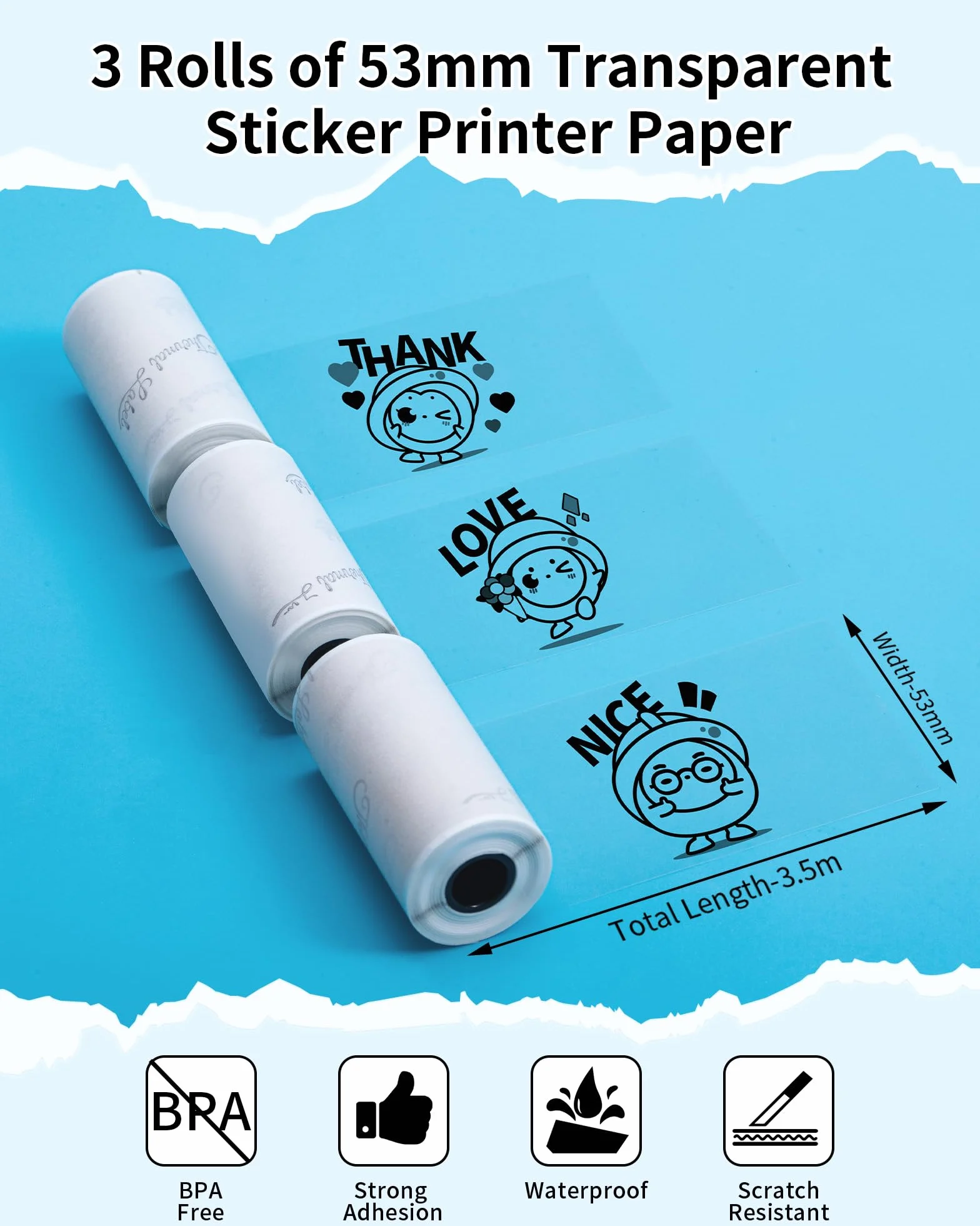 Phomemo Przezroczysty papier do M02, M02PRO, T02, M02S, M02X, M02L, M03, M03AS, M04S, M04AS Mini termiczna przenośna drukarka, 53 mm x 3,5 m, 3 rolki