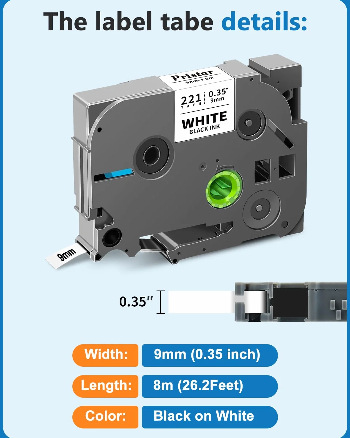 Pristar Kompatybilna taśma 9mm jako zamiennik dla Brother TZe-221 TZe221 TZ-221 TZe dla PT-H100LB PT-D400 PT-H105 PT-D200BWVP PT-1010 PT-H110 PT-H100R PT-H101 PT-H107B PT-D210 Czarny na białym 4