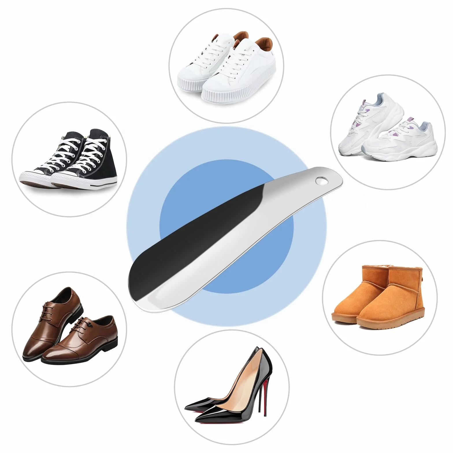 Łyżka do butów 16 cm mała, metalowa łyżka do butów ze stali nierdzewnej Shoe Horn, łyżka do butów z otworami do zawieszenia dla wszystkich rozmiarów stóp dla mężczyzn, kobiet, dzieci