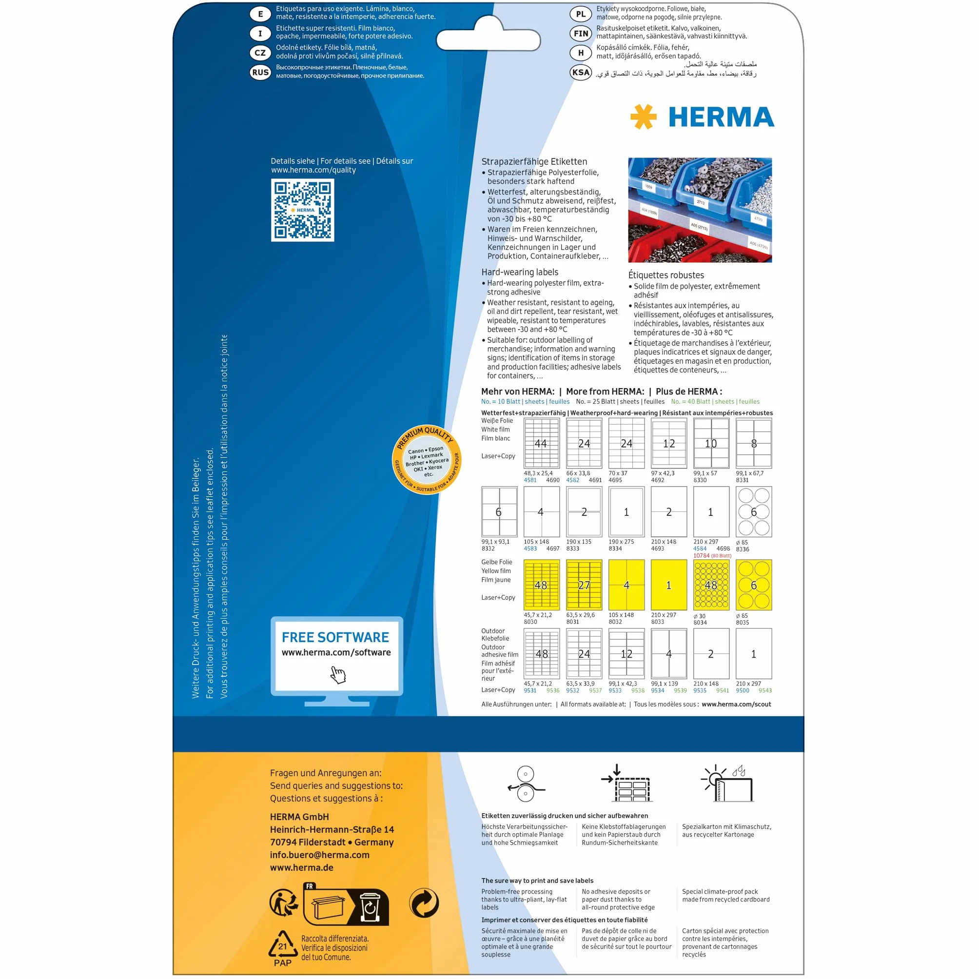HERMA samoprzylepne wytrzymałe odporne na warunki atmosferyczne etykiety foliowe, 44 etykiety na arkusz A4, 1100 etykiet do drukarek laserowych, 48,3 x 25,4 mm (4690)