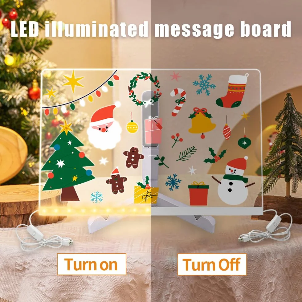 HIQE-FL Tablica akrylowa LED, 30 x 20 cm, podświetlana tablica do wiadomości, 7 kolorowych długopisów, przełącznik, biurko, szkoła, kawa, biuro