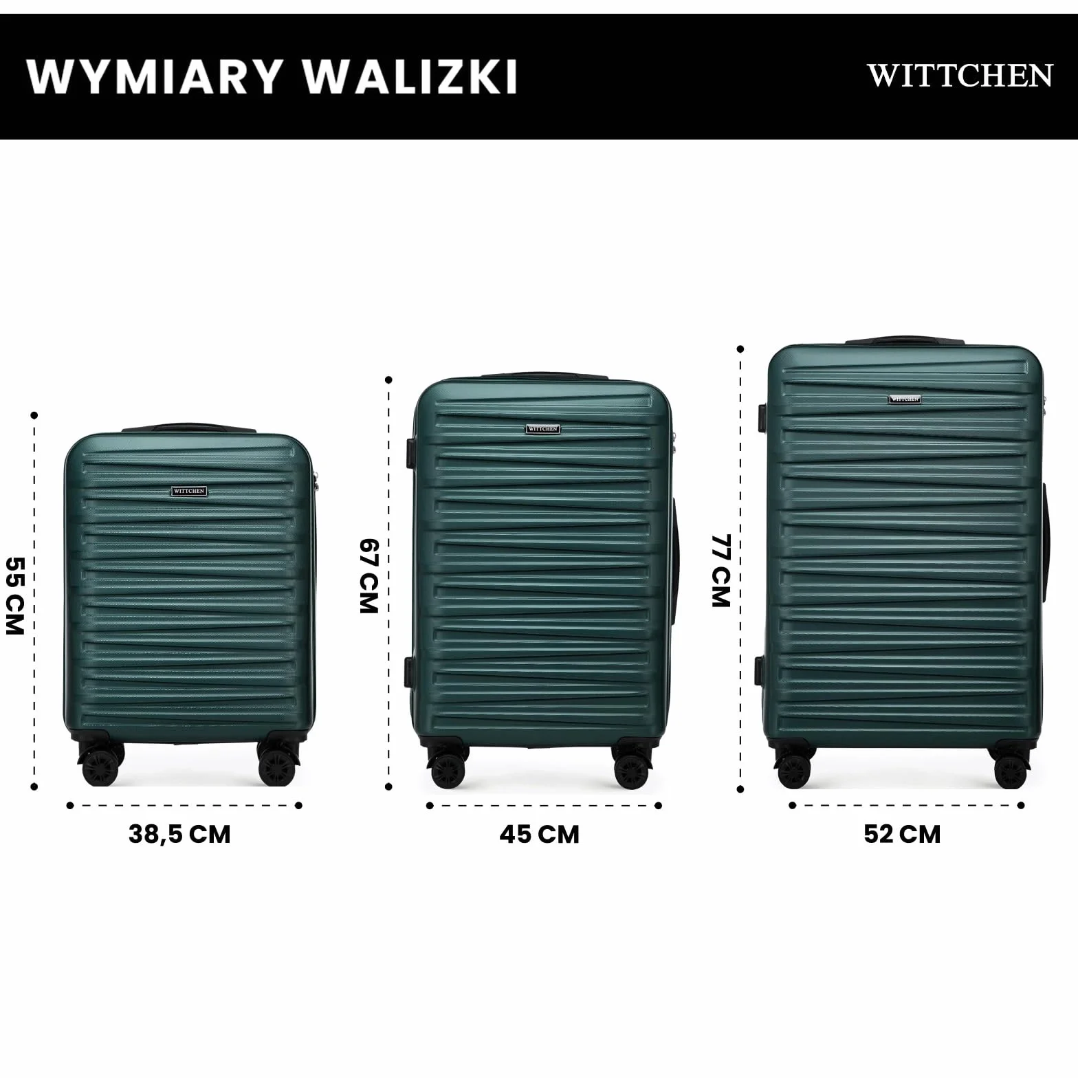 WITTCHEN Skyspeed Line Zestaw walizek Bagaż Walizki podrózne Twardy bagaż ABS Szyfrowy zamek Teleskopowy uchwyt 4 kółka Zielony