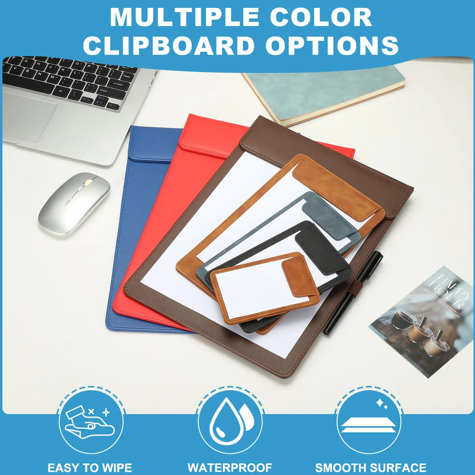 QUARKZMAN 2 szt. Mini Clipboard, 5" x 3" Małe skórzane uchwyty na długopisy, mały rozmiar magnetyczny tablet do pisania do biura, biznesu, restauracji i hoteli (niebieski)