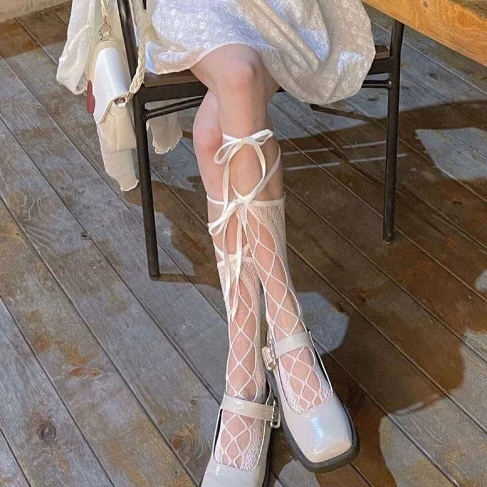 Koronkowe Pończochy Kobiety 1 Para Bandaż Skarpetki Do Kolan Krzyż Skarpetki Antypoślizgowe Rajstopy Rybne Dla Dziewczyn Lolita Cosplay