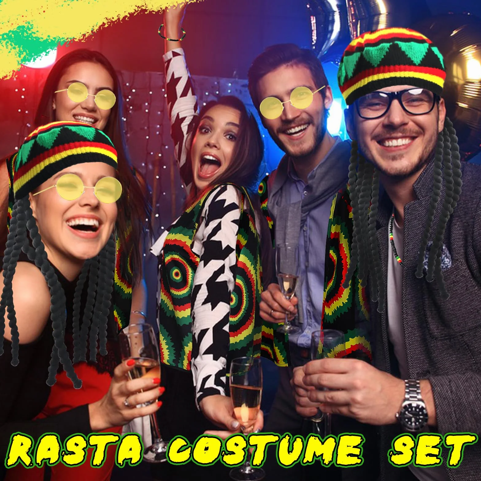 Zestaw akcesoriów do kostiumów Rasta 5 sztuk z czapką peruka Jamajka Reggae batik T-Shirt okulary przeciwsłoneczne pleciony naszyjnik bransoletka