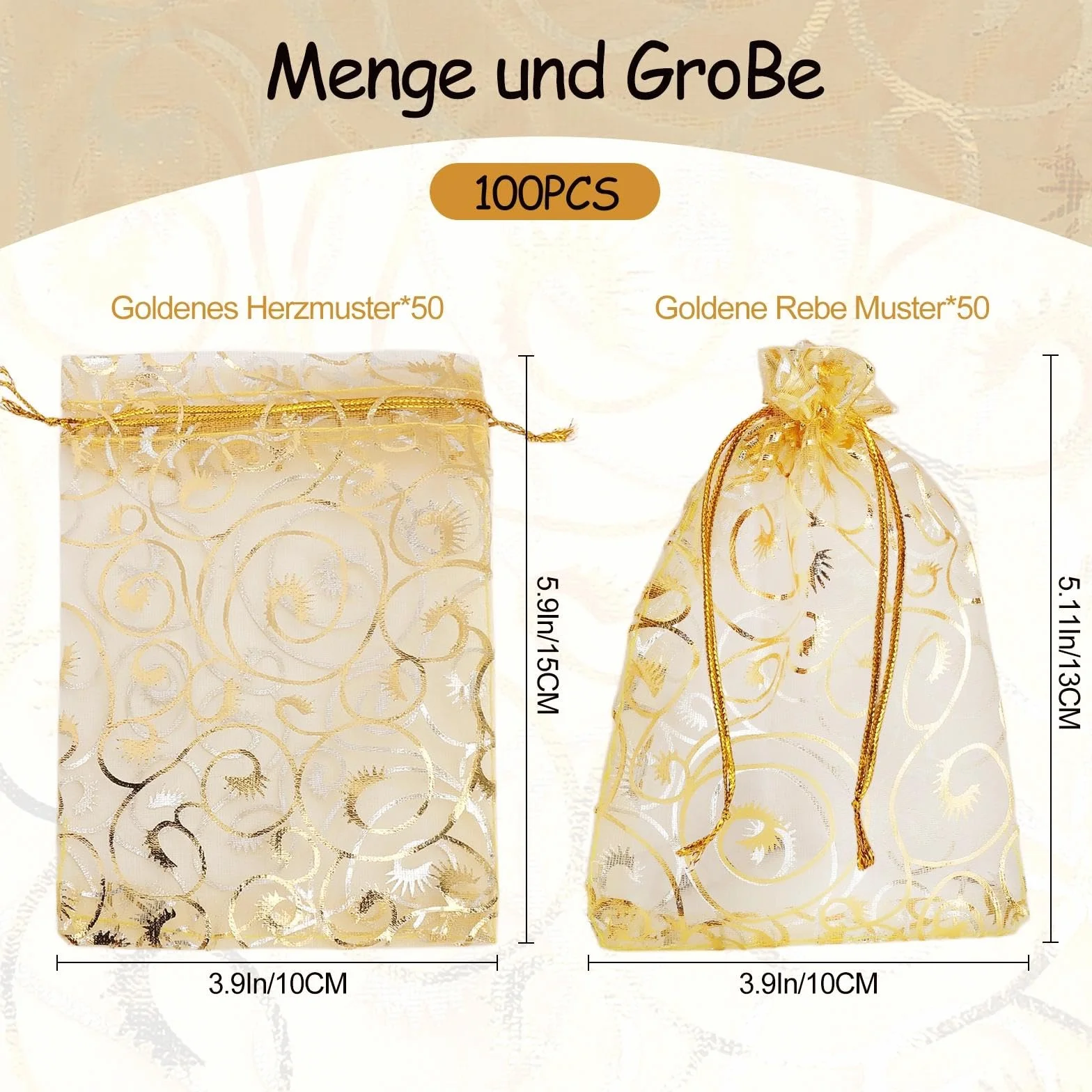 100 Sztuk Złotych Woreczków z Organzy, 10 x 15 cm, Nadruk, Woreczki na Biżuterię, Torebki Prezentowe, Ślubne Woreczki ze Sznurkiem, na Festiwal, Urodziny, Imprezę
