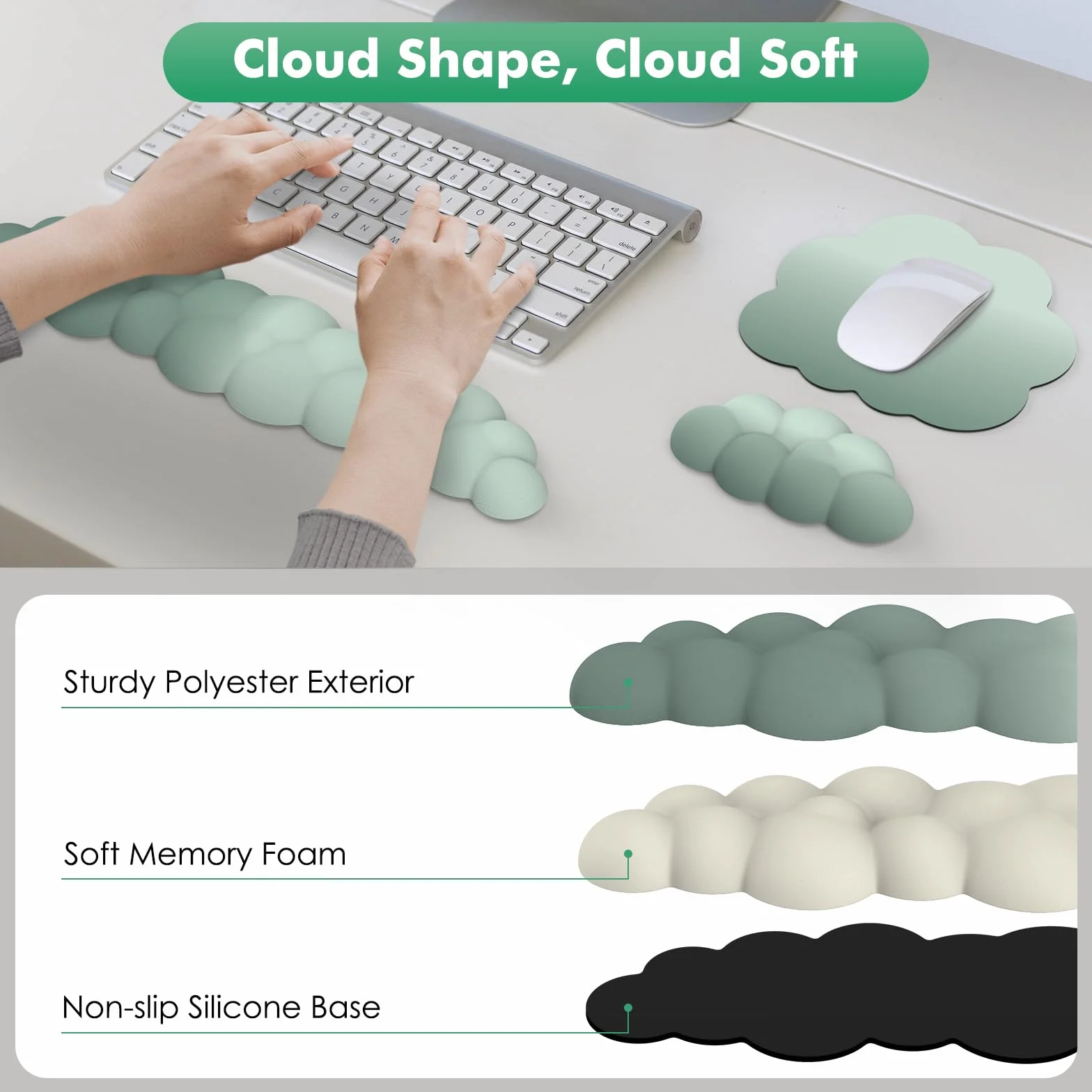 MoKo Cloud Wrist Rest, Ergonomic Cloud Keyboard Wrist Support with Mouse Pad, Durable Polyester Arm Rest Pad for Keyboard and Mouse for Office, Gaming, Computer, Laptop, Green