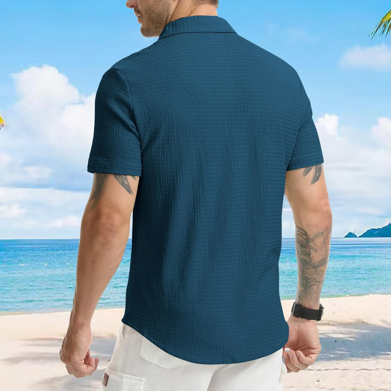 Męska koszula z krótkim rękawem na co dzień Henley letnie koszule plażowe Regular Fit