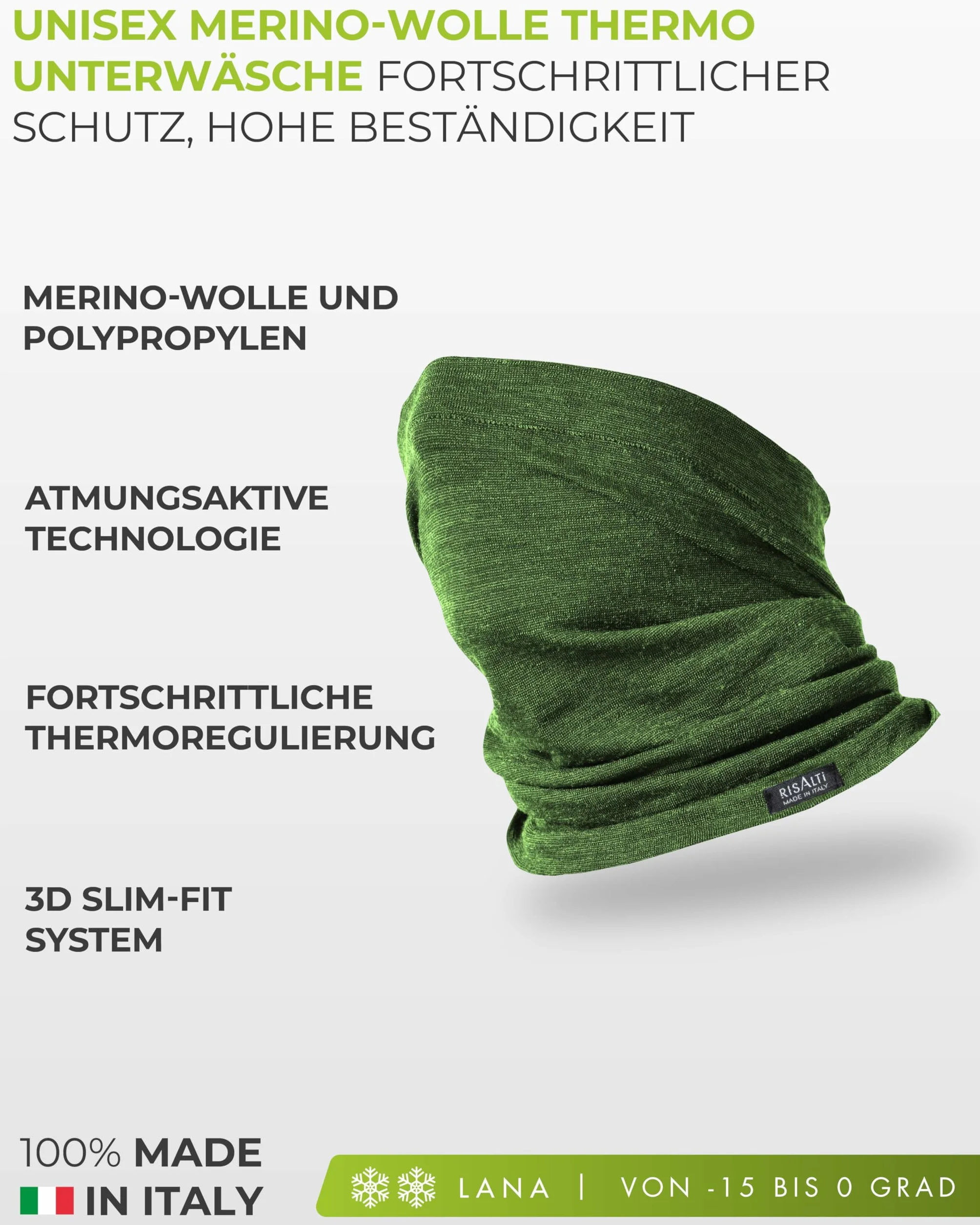 Risalti Komin Unisex z Wełny Merino Bipack – Komin Termiczny Bezszwowy Oddychający Elastyczny Dodatek Zimowy, Kominiarka Outdoor na Narty Snowboard Bieganie Rower – Made in Italy