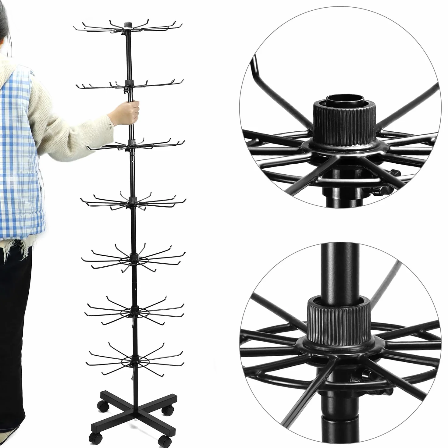 QWORK® 7-poziomowy metalowy obrotowy stojak ekspozycyjny na kapelusze, biżuterię, skarpety i jedwabne szale, z kółkami