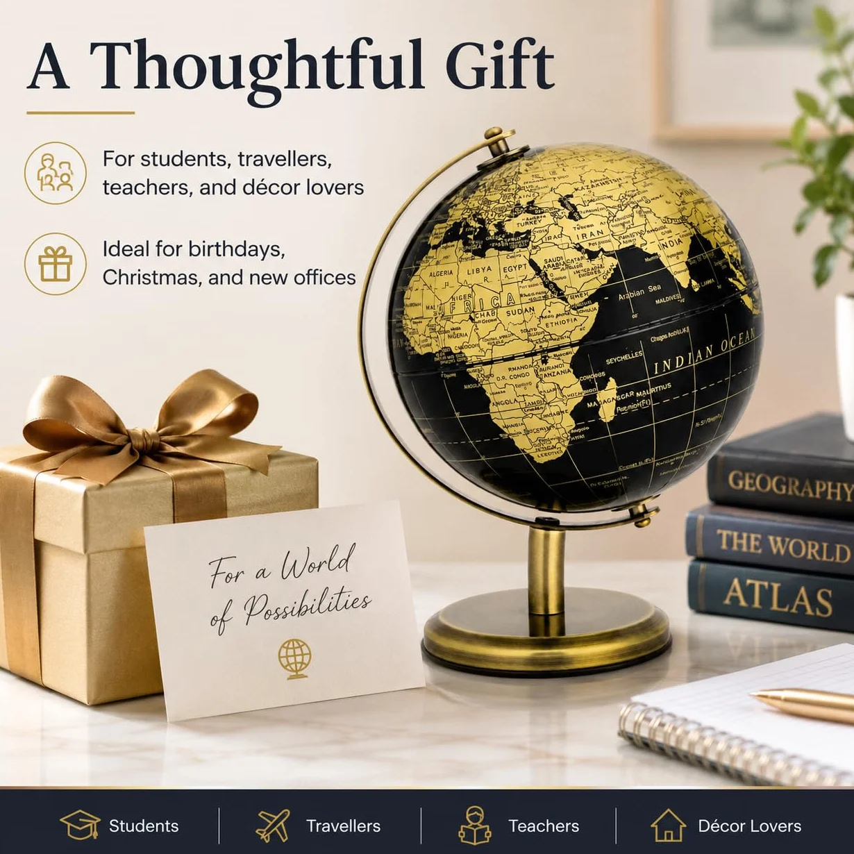 EXERZ 14cm Globus Czarny i Złoty, Mini qorld Globus Edukacyjny Geograficzny - Brązowy Łuk i Podstawa