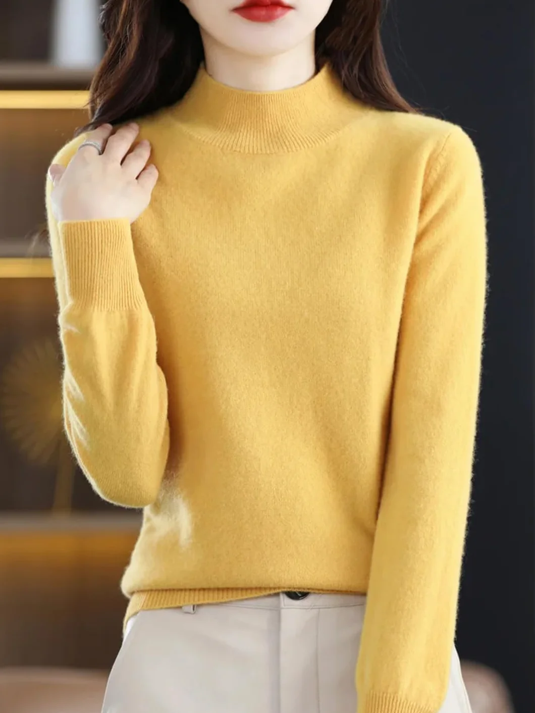 Jesień Zima Damski Podstawowy Sweter Mock Neck Sweter Wełna Merino Długi Rękaw Solidny Kaszmir Dzianinowe Ubrania
