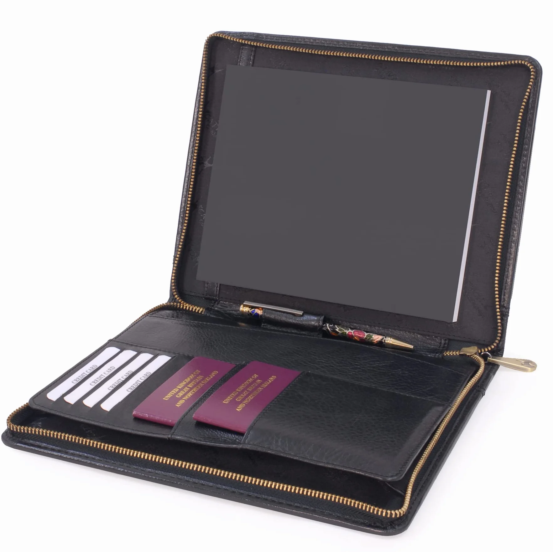 Catwalk Collection Handbags - Damska Skórzana Teczka Konferencyjna A5 - Folder na Zamek - Etui na Dokumenty, Wizytówki i Tablet - Angela - Czarny