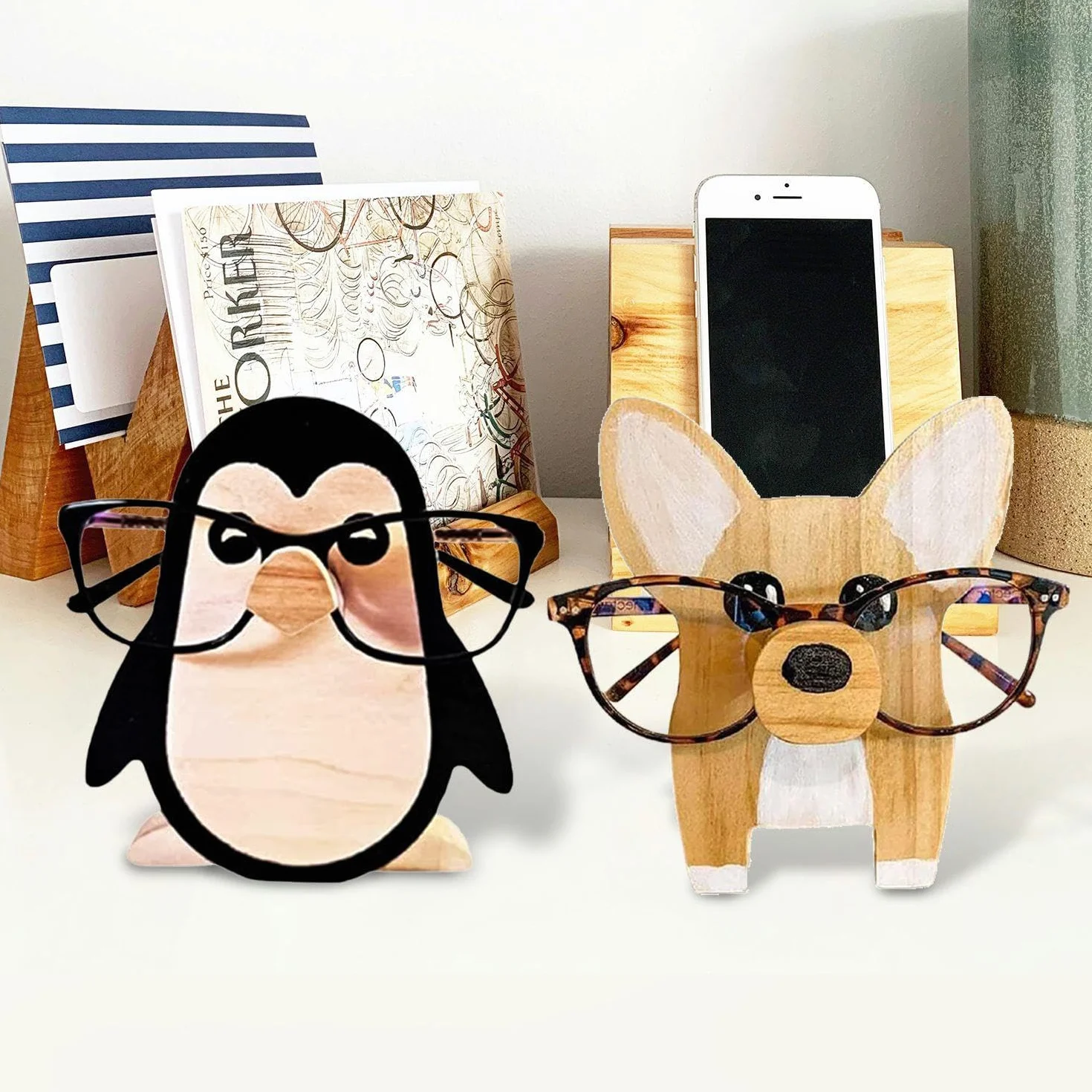 1 x okulary Corgi E 1 x ramka do okularów pingwina, kreatywne oprawki do okularów dla zwierząt, dekoracja pulpitu, Kolor drewna
