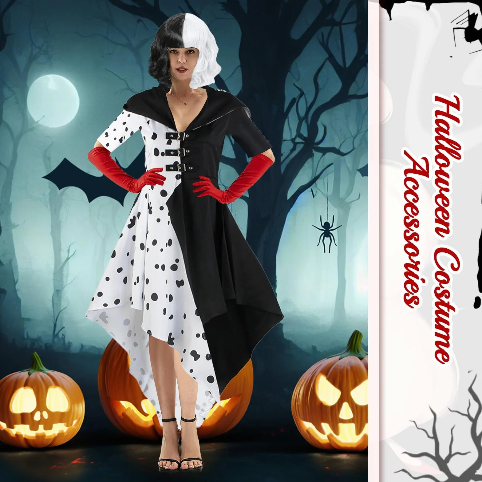 9 sztuk kostiumu Cruella dla kobiet, Halloween, Cruella, Devil, zestaw akcesoriów z sukienką, krótką, czarno-białą peruką, koronkową maską, rękawiczkami, naszyjnikiem, pończochami siatkowymi