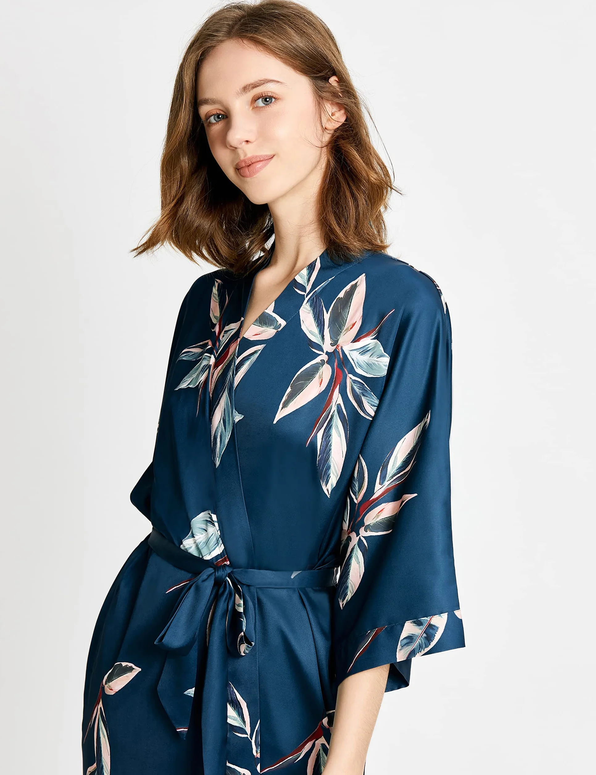 BABEYOND Damski szlafrok poranny wzór liść maxi długi Robe kimono lato satynowy szlafrok damski sukienka plażowa lekki płaszcz do spania