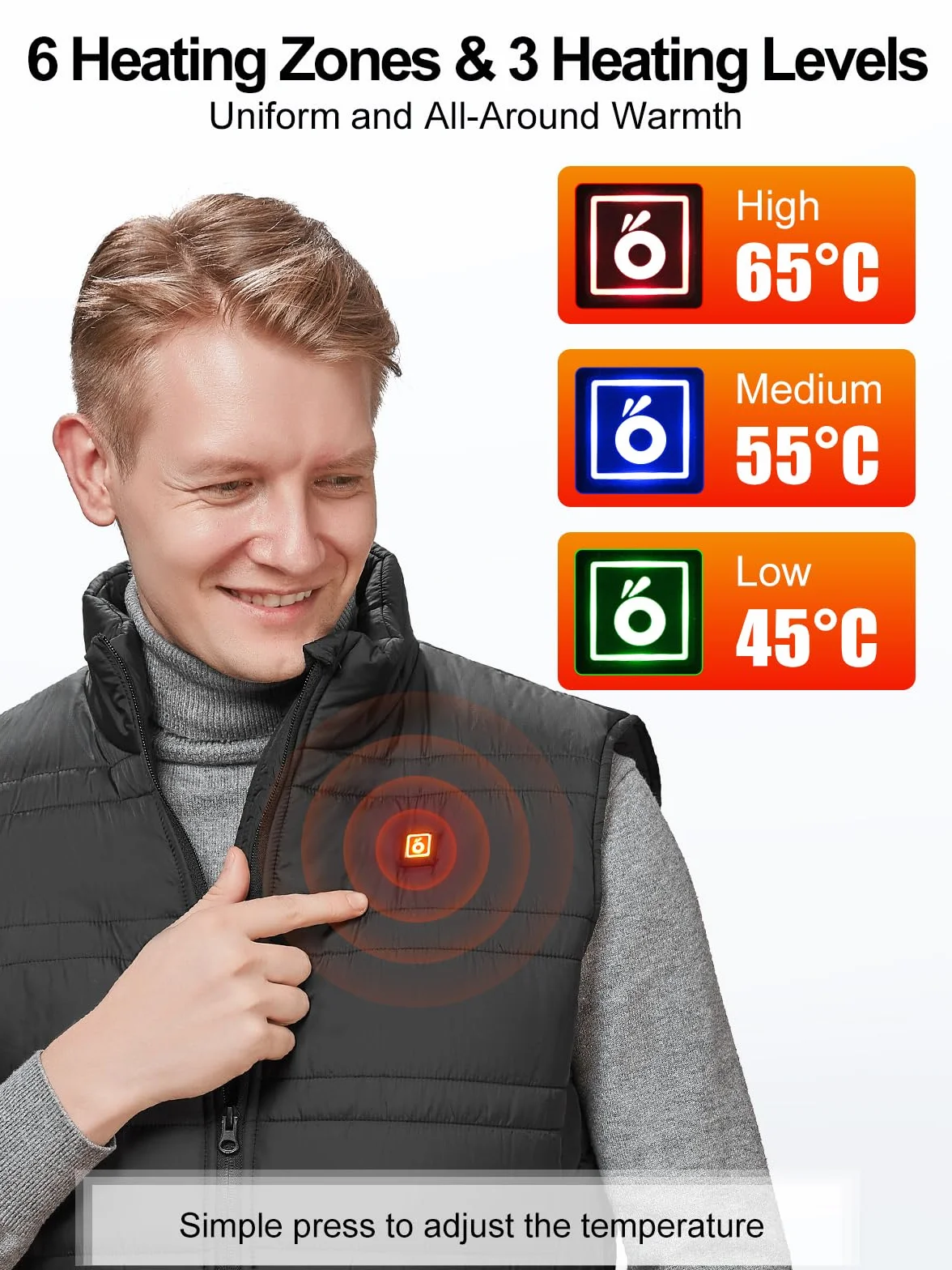 UNBON Męska kurtka grzewcza z baterią 14400 mAh Elektryczna kamizelka grzewcza dla mężczyzn i kobiet z 6 strefami 3 trybami ogrzewania, męska podgrzewana kurtka puchowa na motocykl polowanie