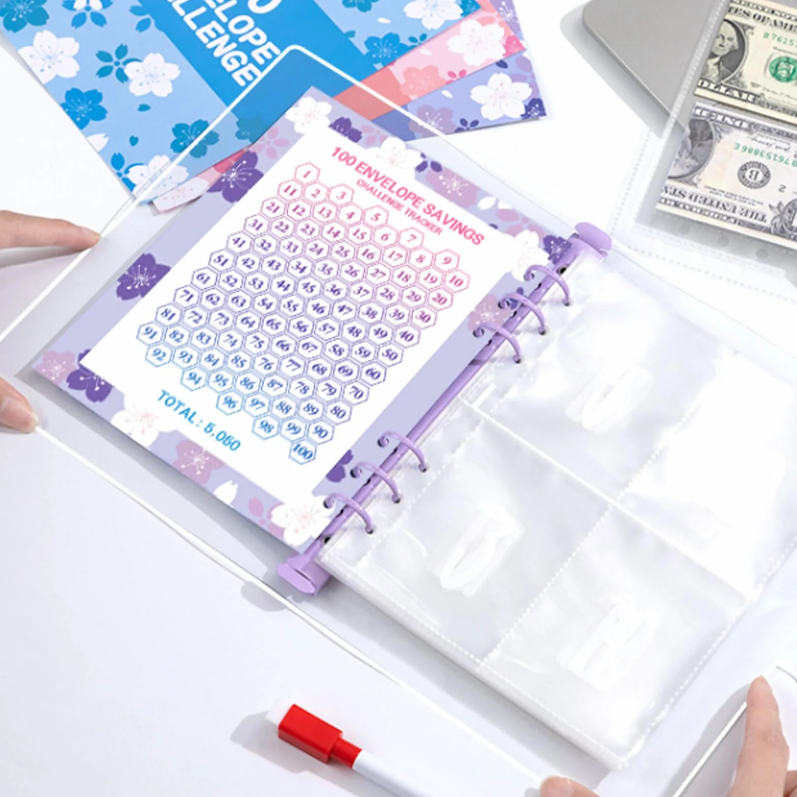100 Envelope Saving Challenge z 6 markerami tekstowymi z dwiema końcówkami, planer budżetowy A5, segregator z funkcją śledzenia wyzwań, aby opanować wyzwania i zaoszczędzić 50050 $ w ciągu