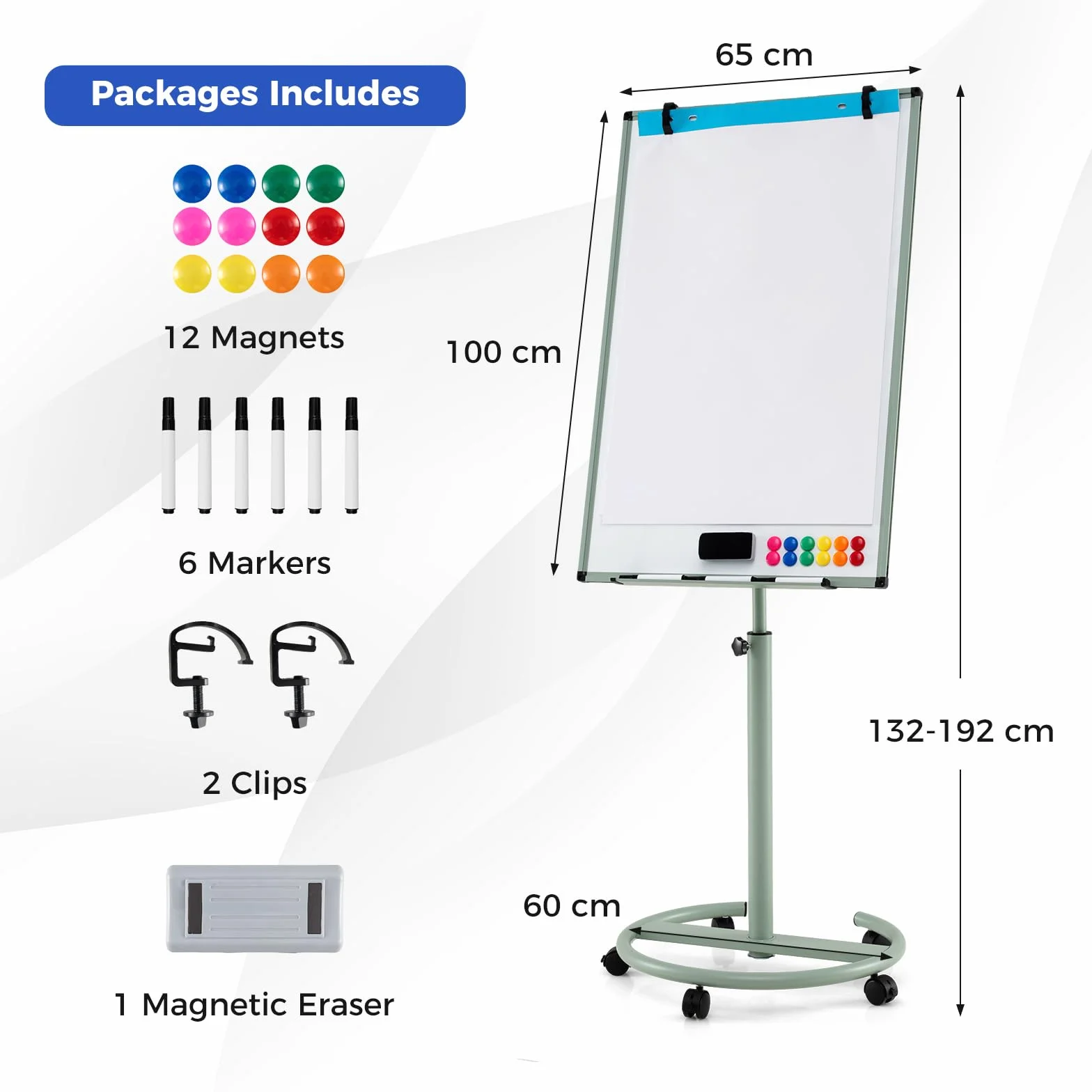 GIANTEX Stojak na flipchart 100 x 65 cm, mobilna tablica suchościeralna z nóżką na rolki, z regulacją wysokości i magnetyczną tablicą suchościeralną z półką na długopisy, zmywalna na sucho (zielony)