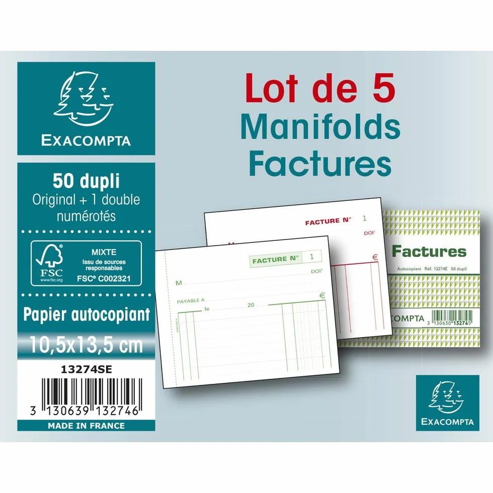 Exacompta komercyjny formularz do faktury, 10,5 x 13,5 cm, pozioma, duplikatowa kopia bez węgla, 50 stron (nadruk francuski)