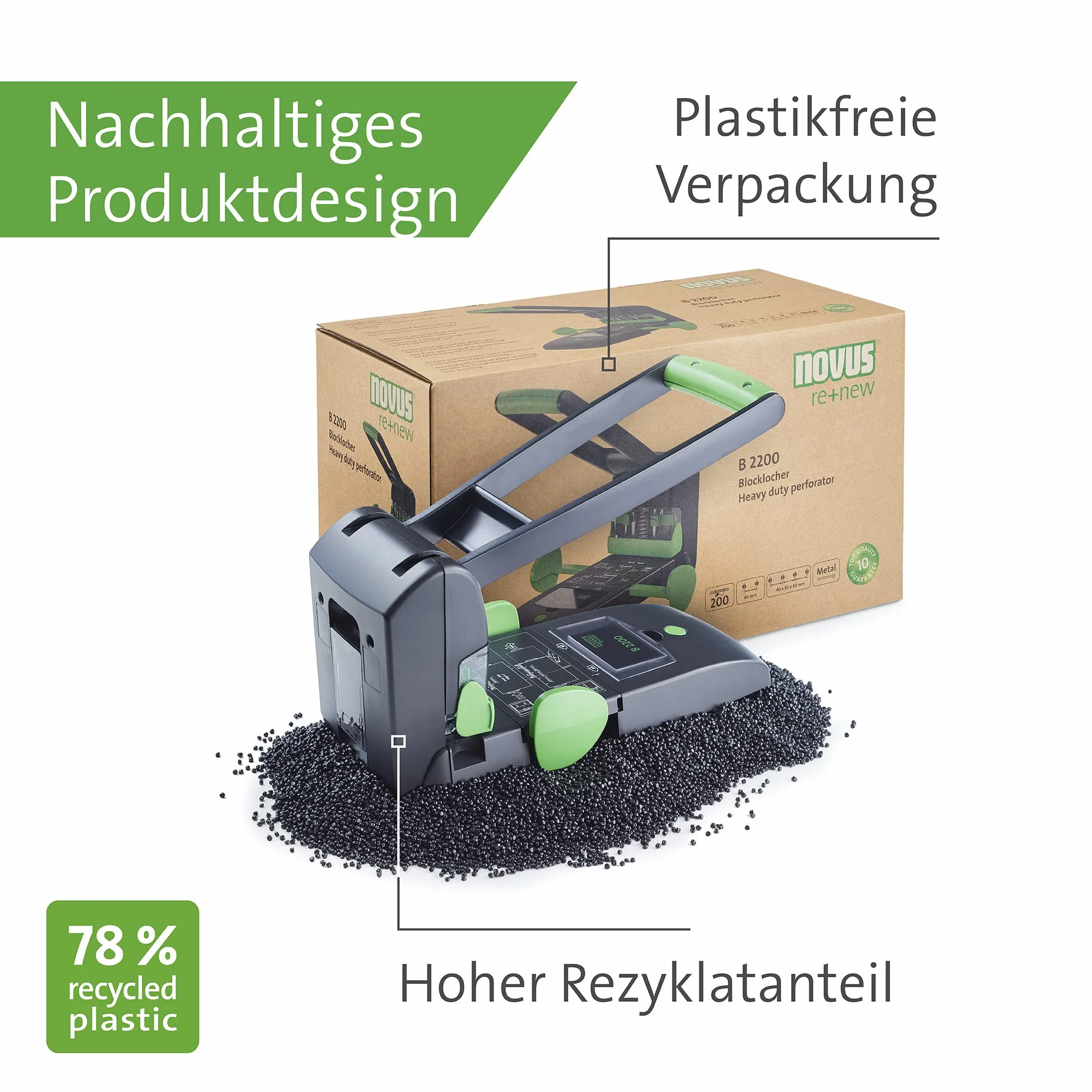 Novus B 2200 re+new Sustainable Block Punch (200 arkuszy, podwójne i poczwórne otwory, urządzenie z litego metalu z powłoką z tworzywa sztucznego wykonane w 78% z tworzywa sztucznego pochodzącego z