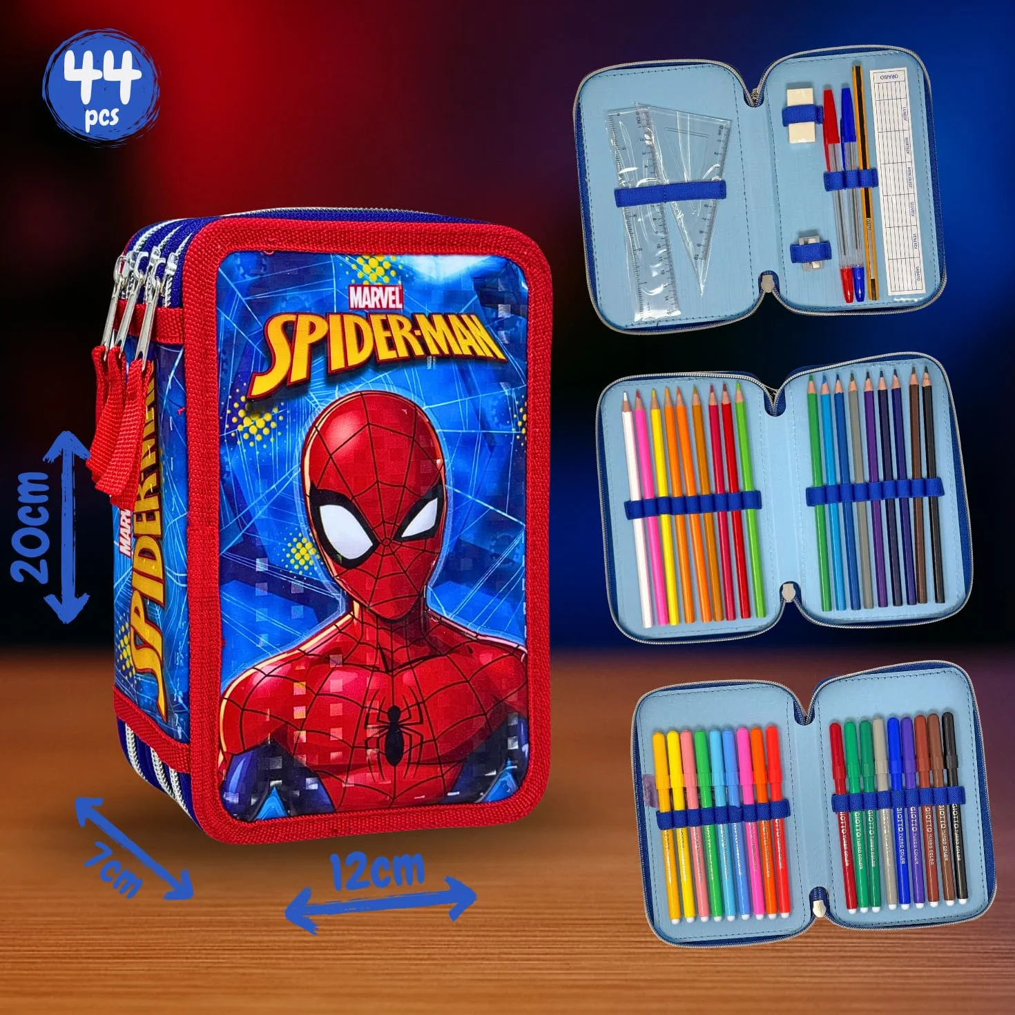 Piórnik 3D Szkolny z Wyposażeniem 44 Elementów – 3 Komory – Spiderman – Dla chłopców – Czerwony i niebieski – Zestaw Przyborów Szkolnych