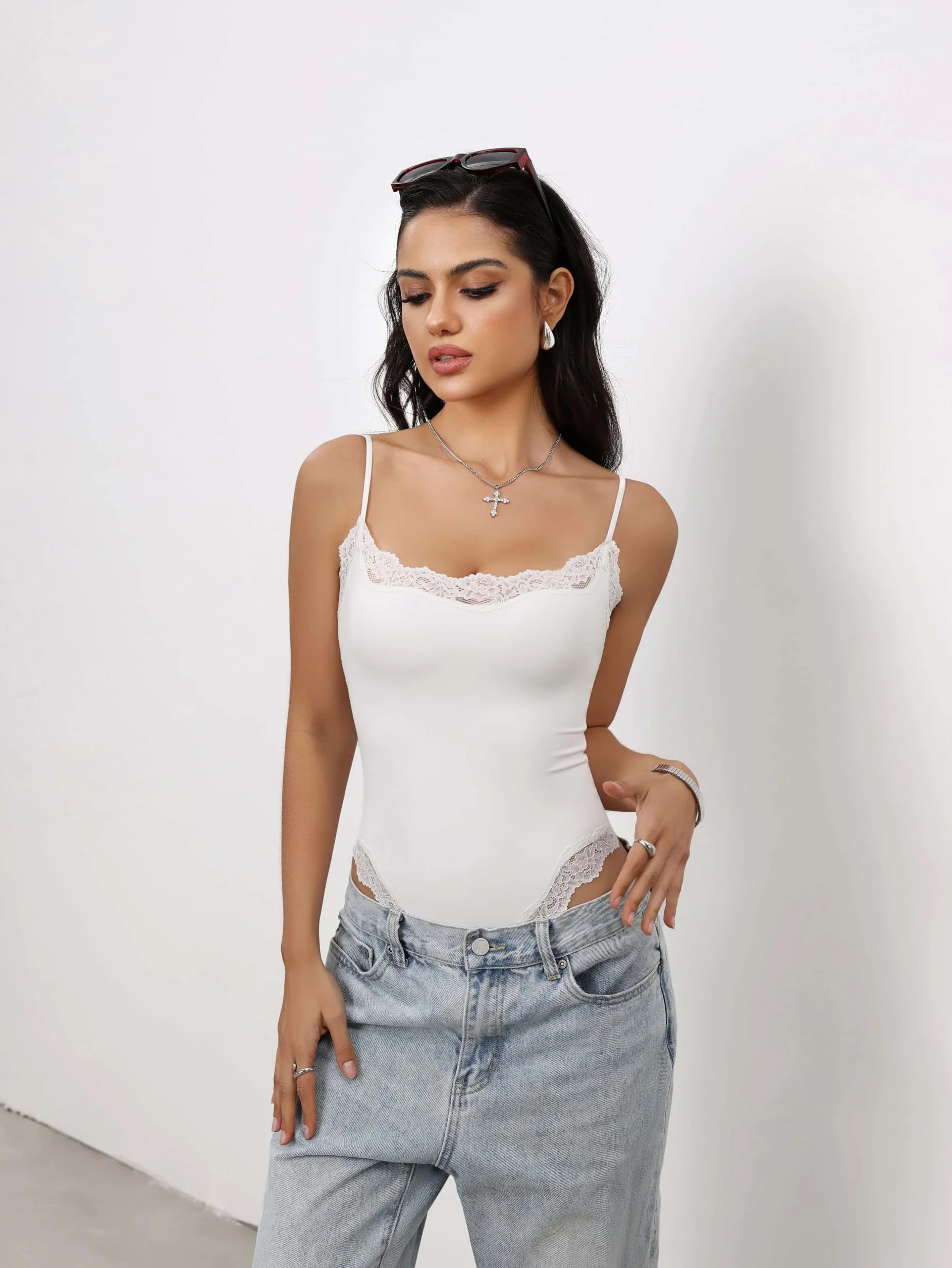 Starrylion Koronkowy kombinezon kwadratowy dekolt topy dla kobiet bez rękawów spaghetti pasek tank top body dla kobiet seksowny kombinezon