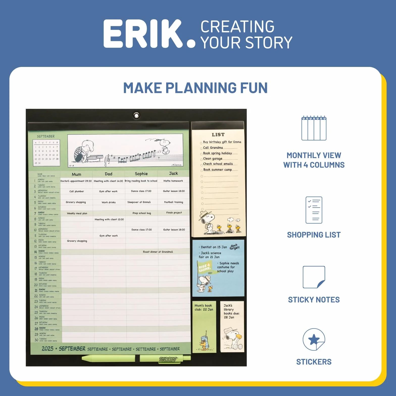 Grupo Erik Magnetic Planner For Fridge - Snoopy Gifts For Family | Magnetic Calendar With Stickers, Pen, Shopping List, Sticky Notes | Family Planner 2026 16 Months Sep 2025 - Dec 2026