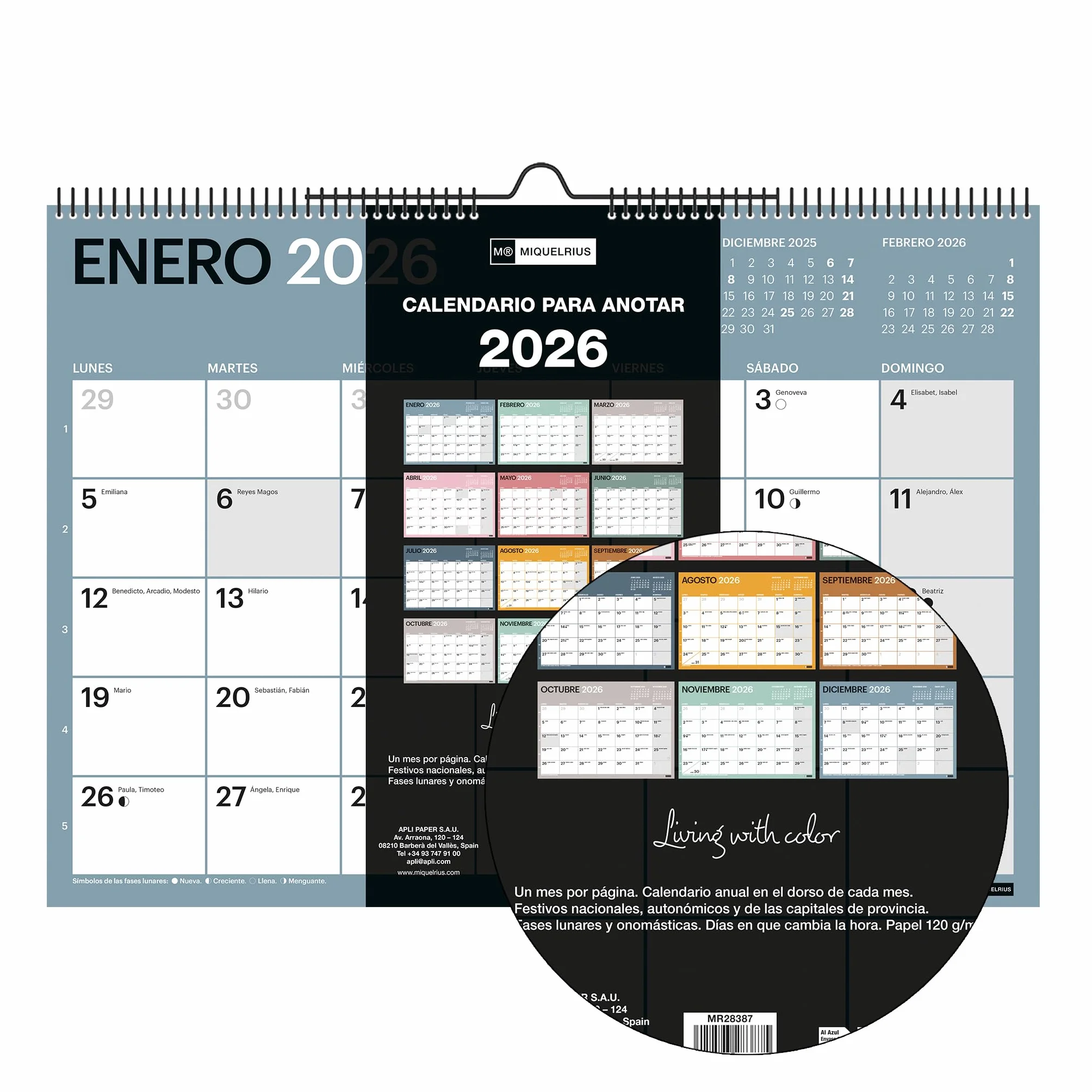 Miquelrius - Kalendarz ścienny 2026 Chromat, organizer na roczny A3: 420 x 296 mm, miejsce do zapisywania, podwójna spirala, 9 kolorów wewnętrznych, planer 12 miesięcy, hiszpański