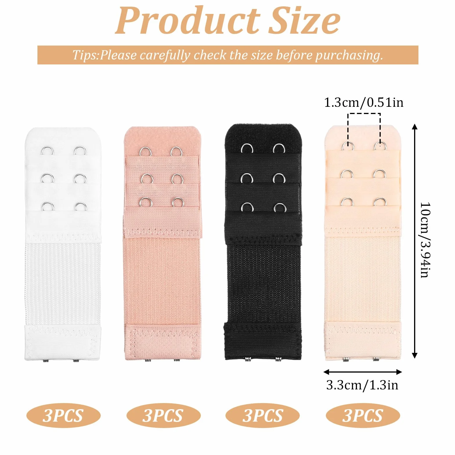 Lusofie 12 szt. 2 haczyki przedłużające biustonosz, 3 kolory, przedłużenie paska biustonosza dla kobiet plus size, elastyczny biustonosz przedłużający, 2 haczyki w kolorze czarnym, białym, cielistym