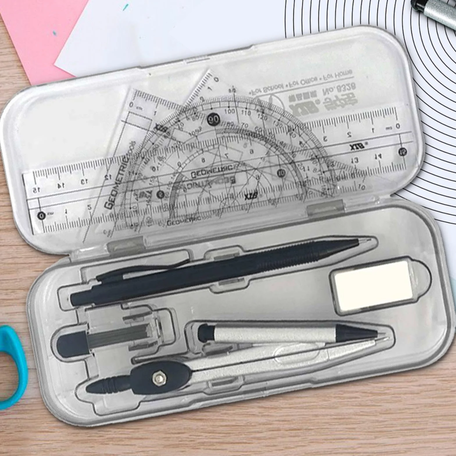 Compass and Protractor Set, Math Geometry Kit, Protractor Kit, Math Tool Set, Geometry Set, Comprehensive Geometry Toolkit Precision Engineering Versatile Use for Student, School
