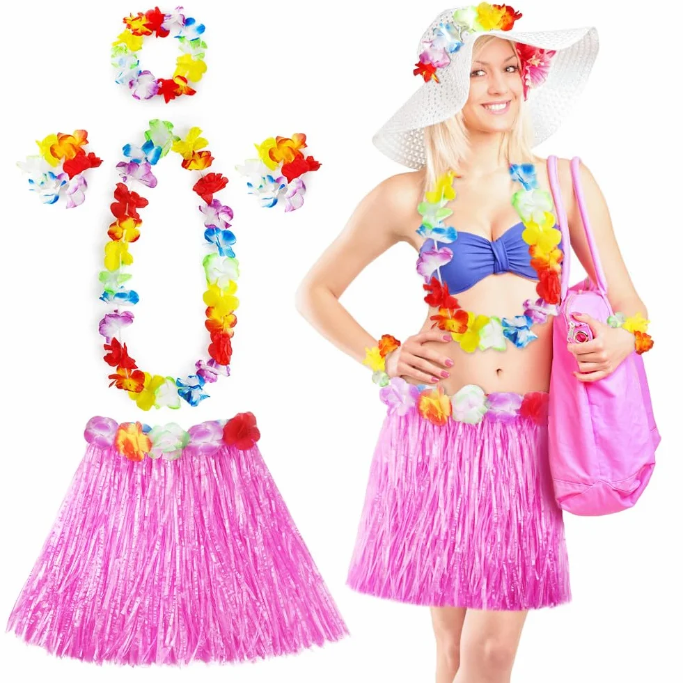 Aomig Hula Hawajska spódnica, 5 szt. Hawajska spódnica w kwiaty, tropikalny kostium z wiązką, 40/60 cm Hawajskie kwiatowe girlandy dla dzieci, dorosłych, kobiet letnia impreza na tropikalnej plaży