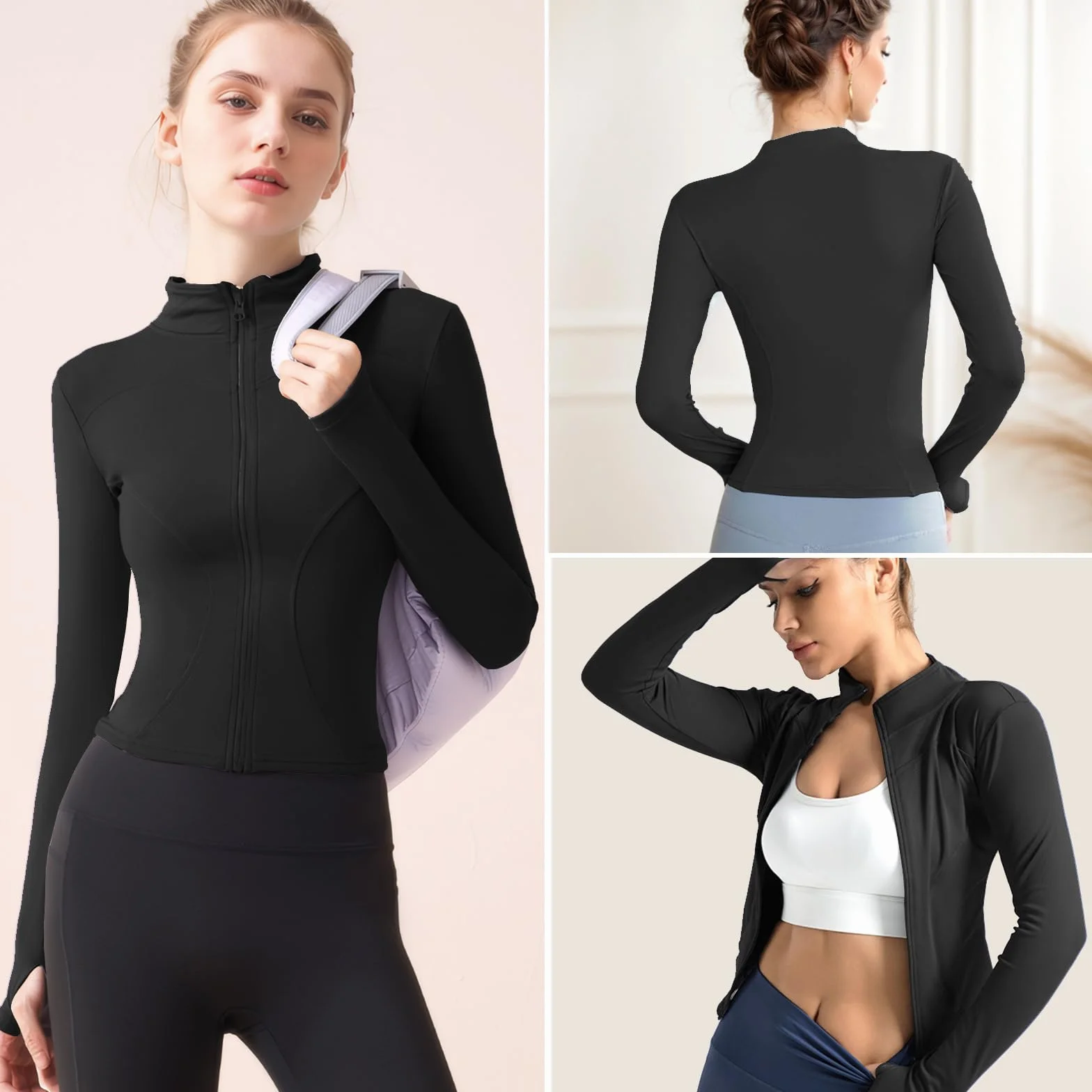 Koszulka damska z długim rękawem, sportowa koszulka sportowa, na siłownię, top fitness, lekka koszulka z długim rękawem, do biegania, z zamkiem błyskawicznym i otworem na kciuk, do jogi, golfa