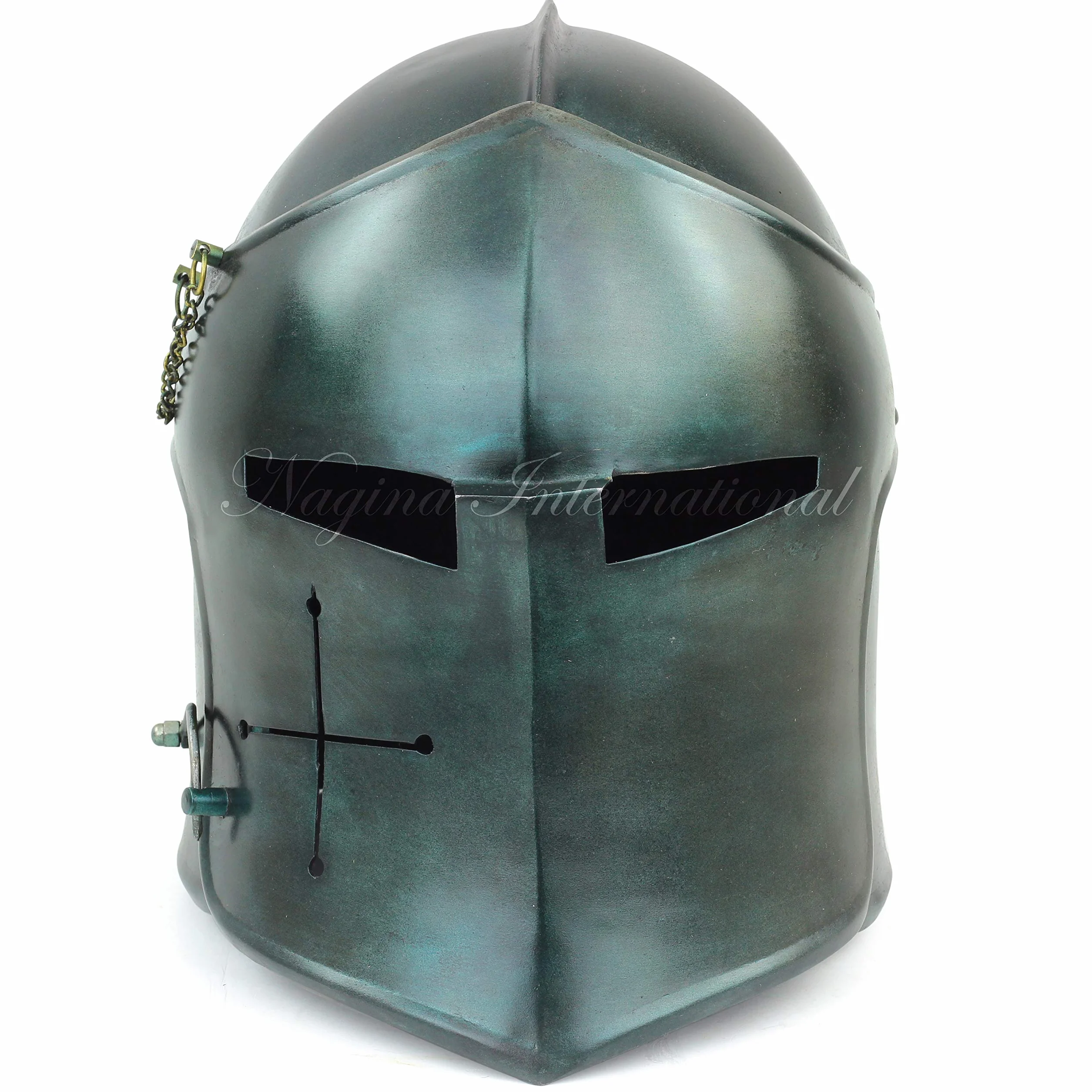 Nagina International średniowieczna stal szczotkowana Barbuta Knights Armory Templar Crusader's Helmet Rekwizyty i kostiumy Kask dla larperów (zieleń wojskowa)