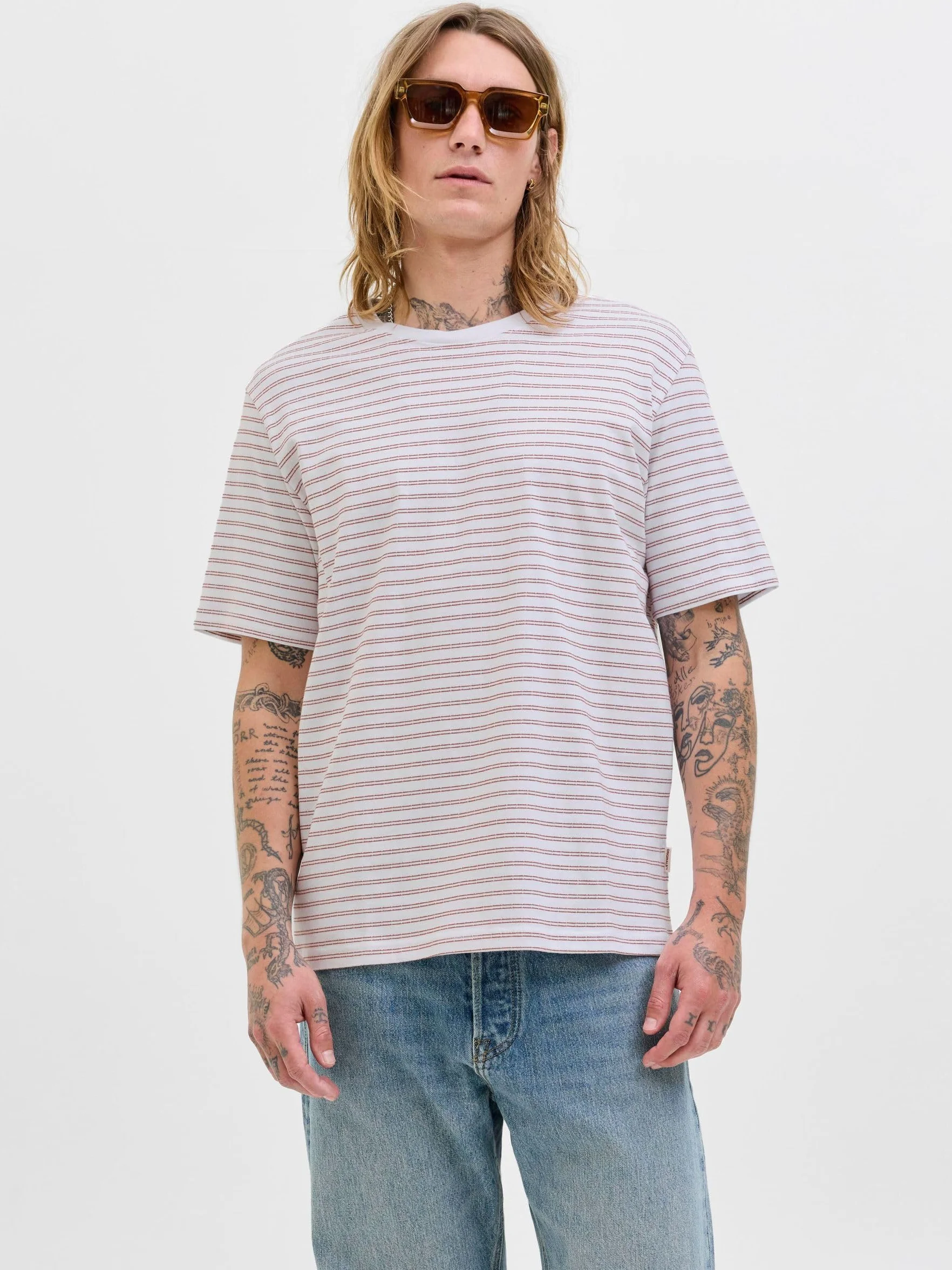 JACK & JONES Koszulka męska Jorcanggu Stripe Tee SS Crew Neck, Bright White, M