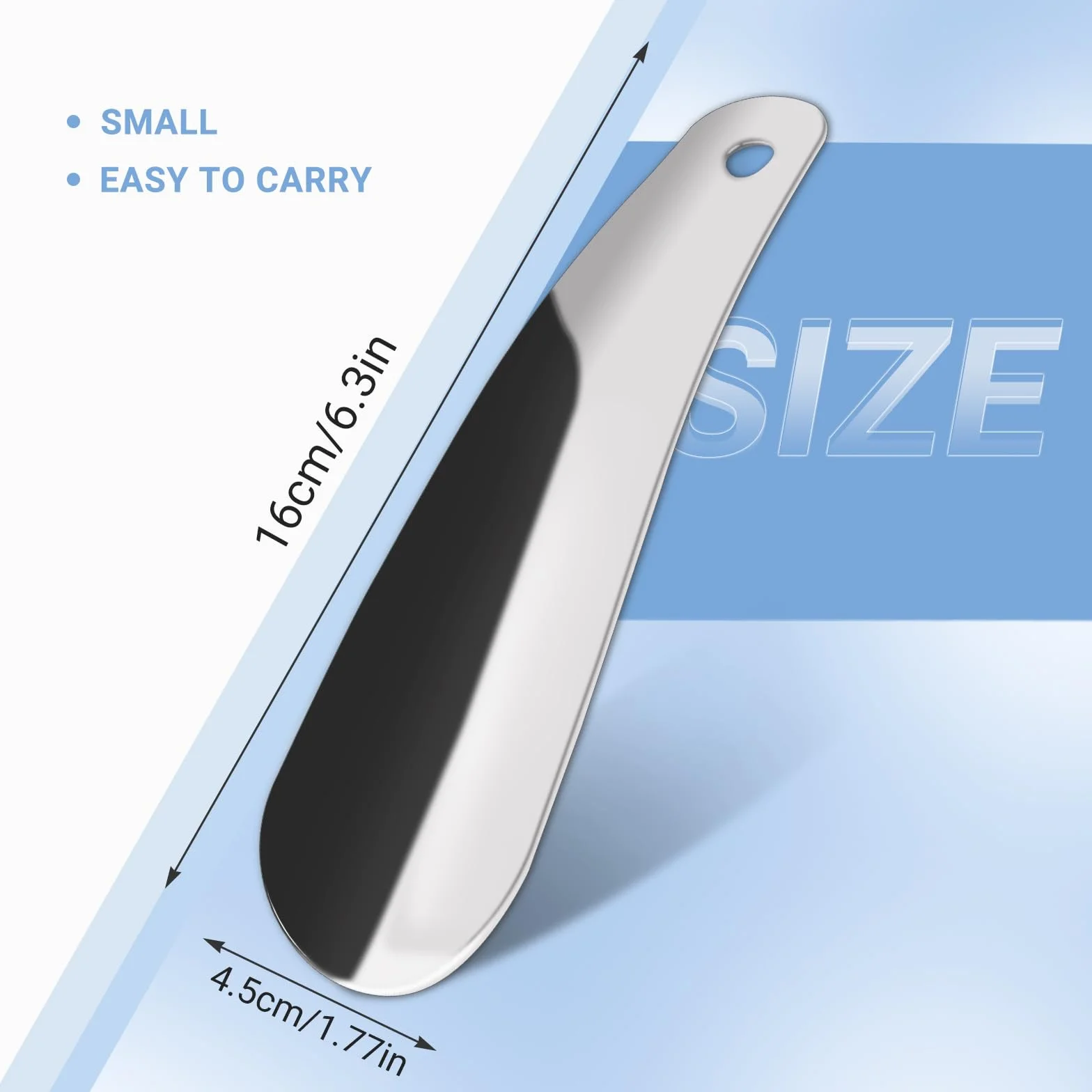 Łyżka do butów 16 cm mała, metalowa łyżka do butów ze stali nierdzewnej Shoe Horn, łyżka do butów z otworami do zawieszenia dla wszystkich rozmiarów stóp dla mężczyzn, kobiet, dzieci