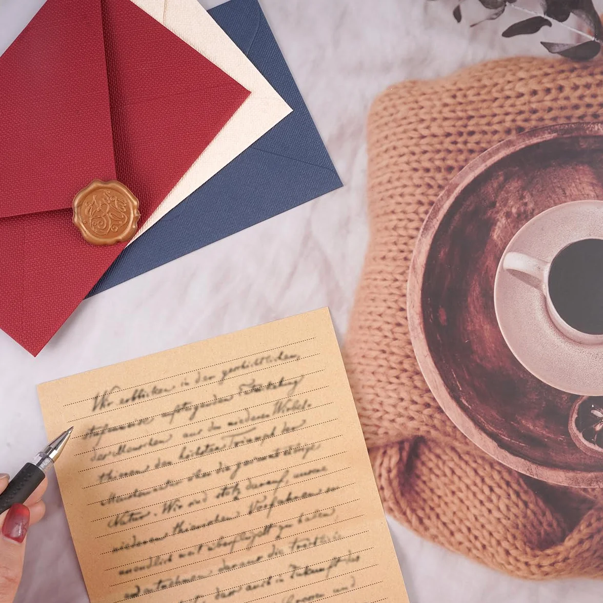 Zestaw 38 sztuk papieru listowego w linie i koperty, 9 lnianych kopert, 9 samoprzylepnych pieczęci woskowych i 20 arkuszy papieru listowego A5, na list miłosny, wesele, urodziny, kartki z życzeniami