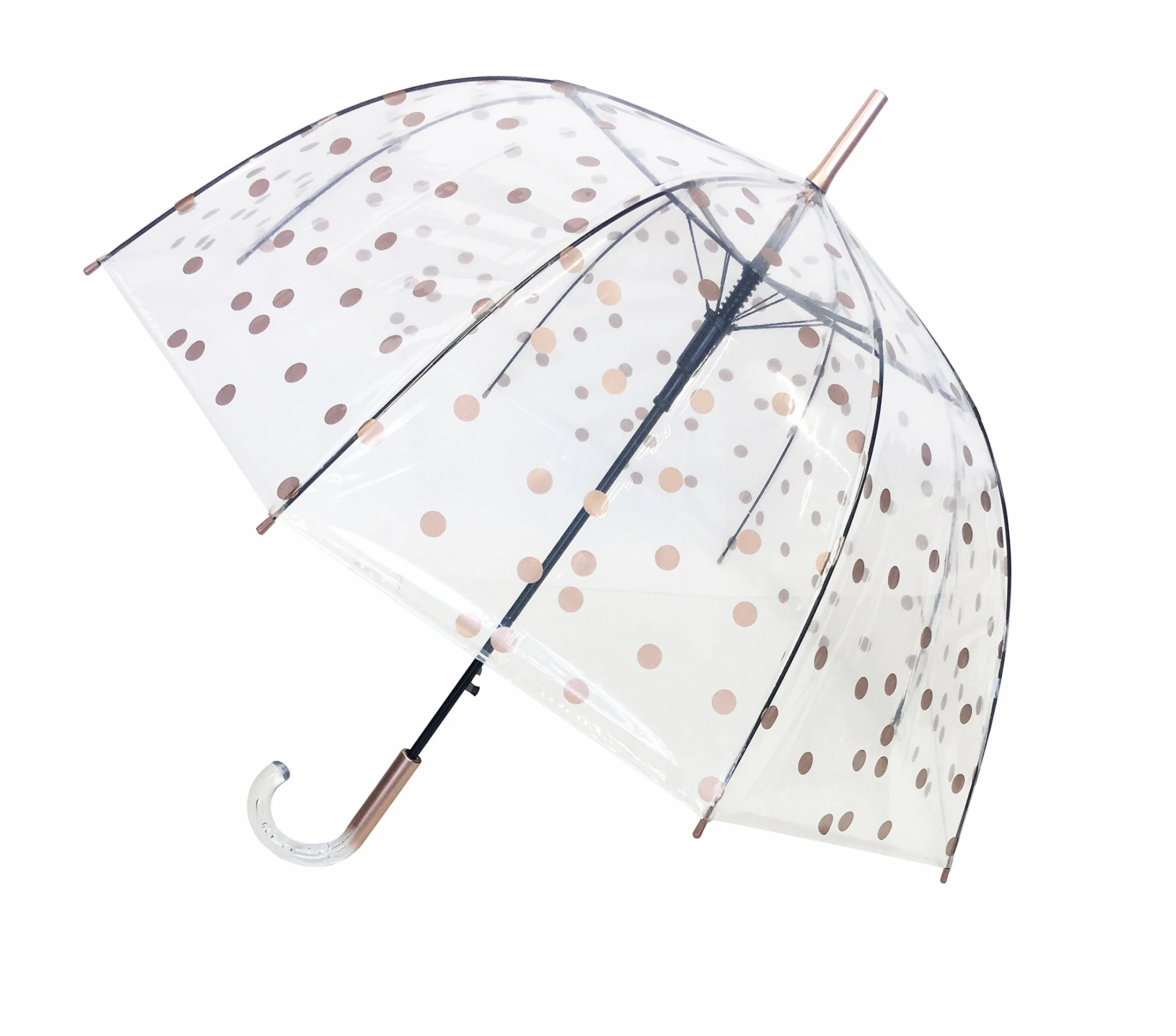 Damski przezroczysty parasol Bubble w miedzianym metalicznym kolorze Polka Dots - Wiatroodporny; Automatyczne otwieranie; Uchwyt w stylu kryształowym; Francuski design; Parasol w kształcie kopuły.
