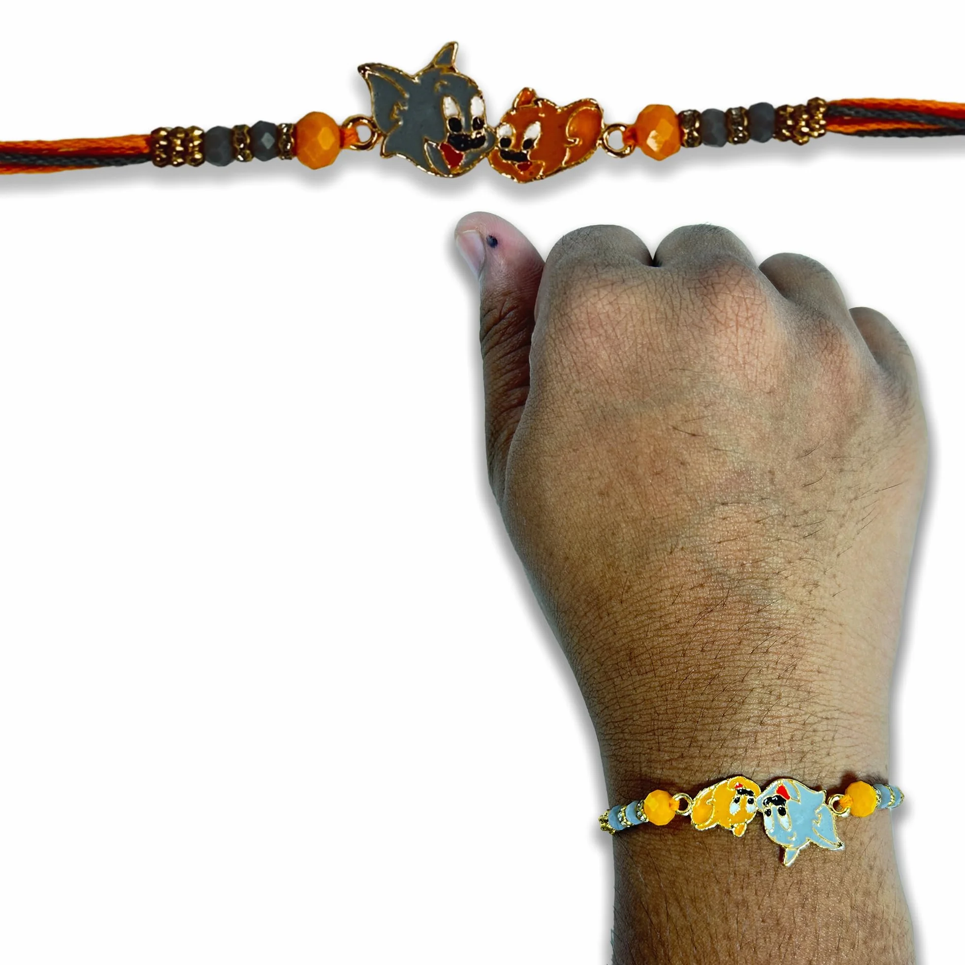 Dzieci Rakhi i postać z kreskówki, designerskie metalowe rakhi z Roli Chawal + kartka z życzeniami zestaw 3 sztuk, M, bez kamieni szlachetnych, Medium, Bez kamienia szlachetnego
