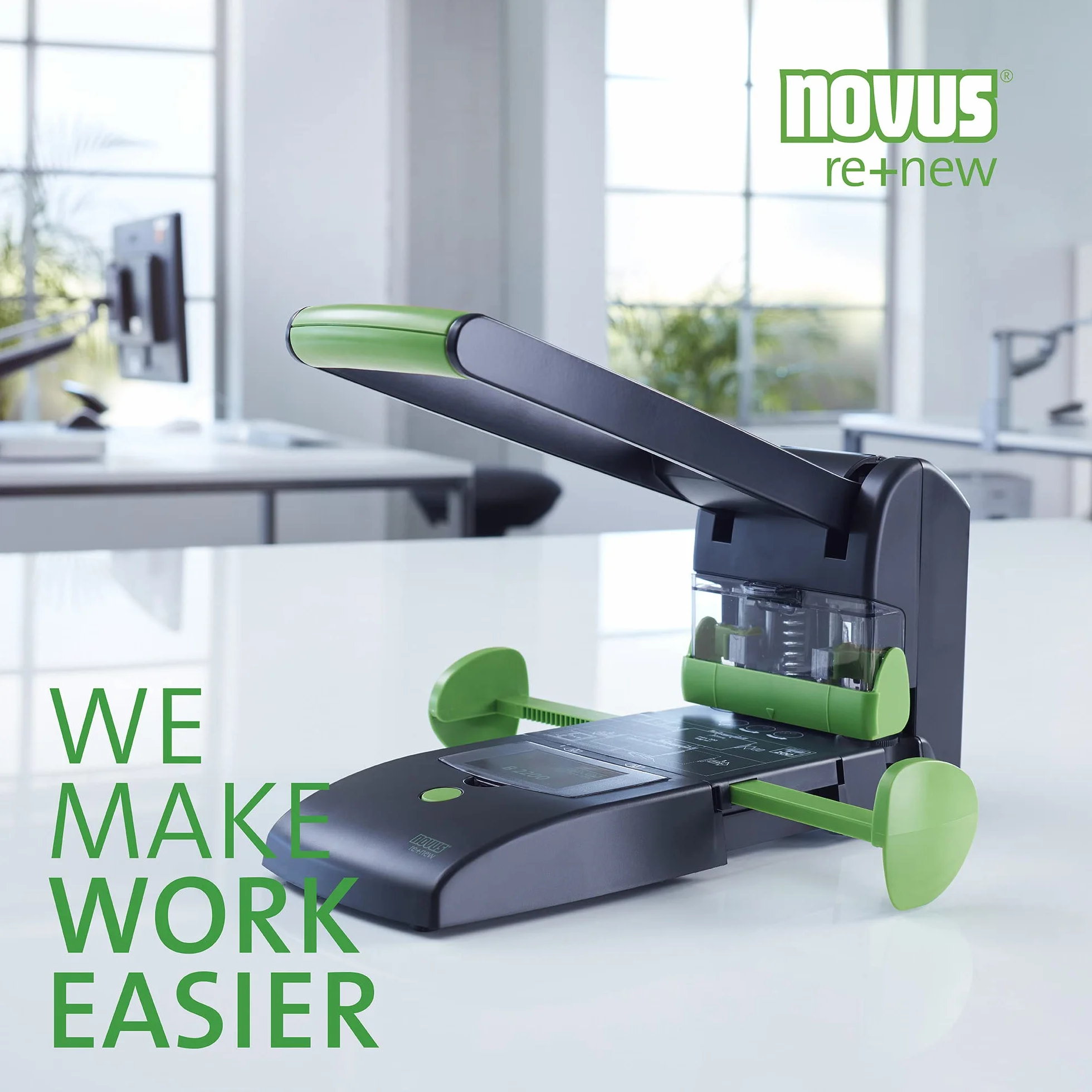 Novus B 2200 re+new Sustainable Block Punch (200 arkuszy, podwójne i poczwórne otwory, urządzenie z litego metalu z powłoką z tworzywa sztucznego wykonane w 78% z tworzywa sztucznego pochodzącego z
