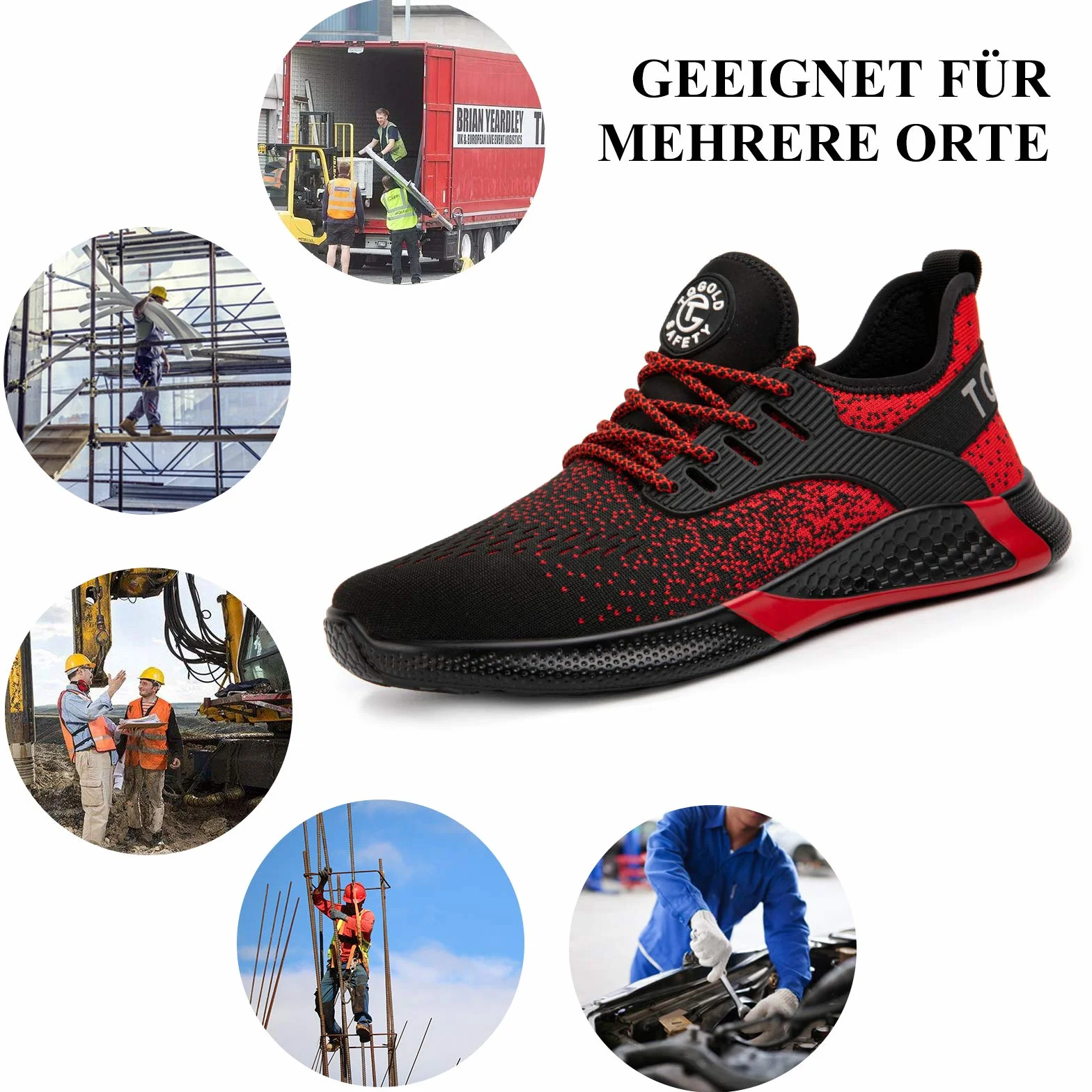 AONETIGER Buty ochronne dla mężczyzn i kobiet, lekkie buty robocze, stalowy nosek, sportowe, oddychające, antypoślizgowe, 8195 czerwony, 42 EU