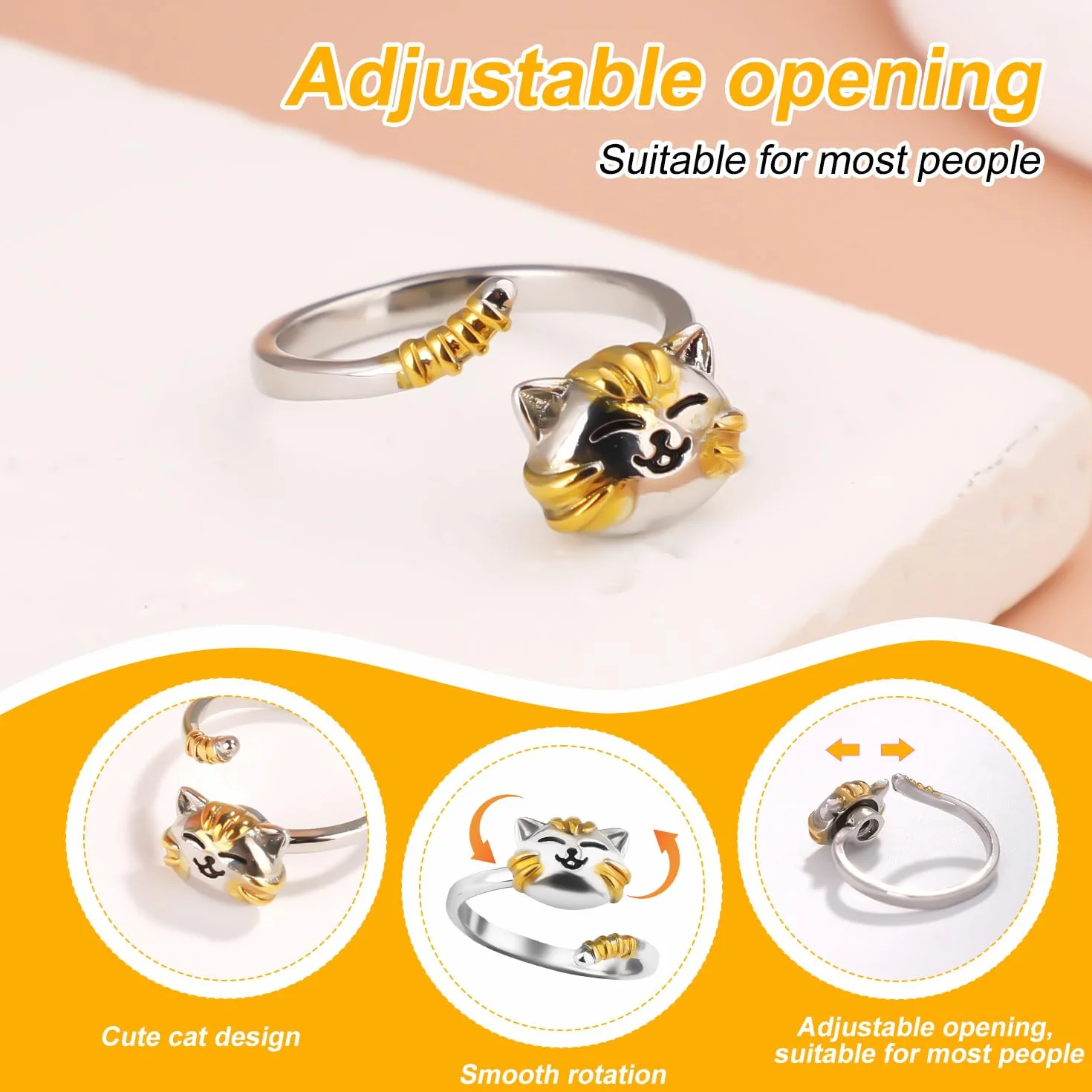 Fidget Ring Kobiety, Platerowane Srebro Obrotowe Pierscionki Zwierze Uroczy Pierscionek z Kotem Otwarte Regulowana Bizuteria Fidget dla Relaksu