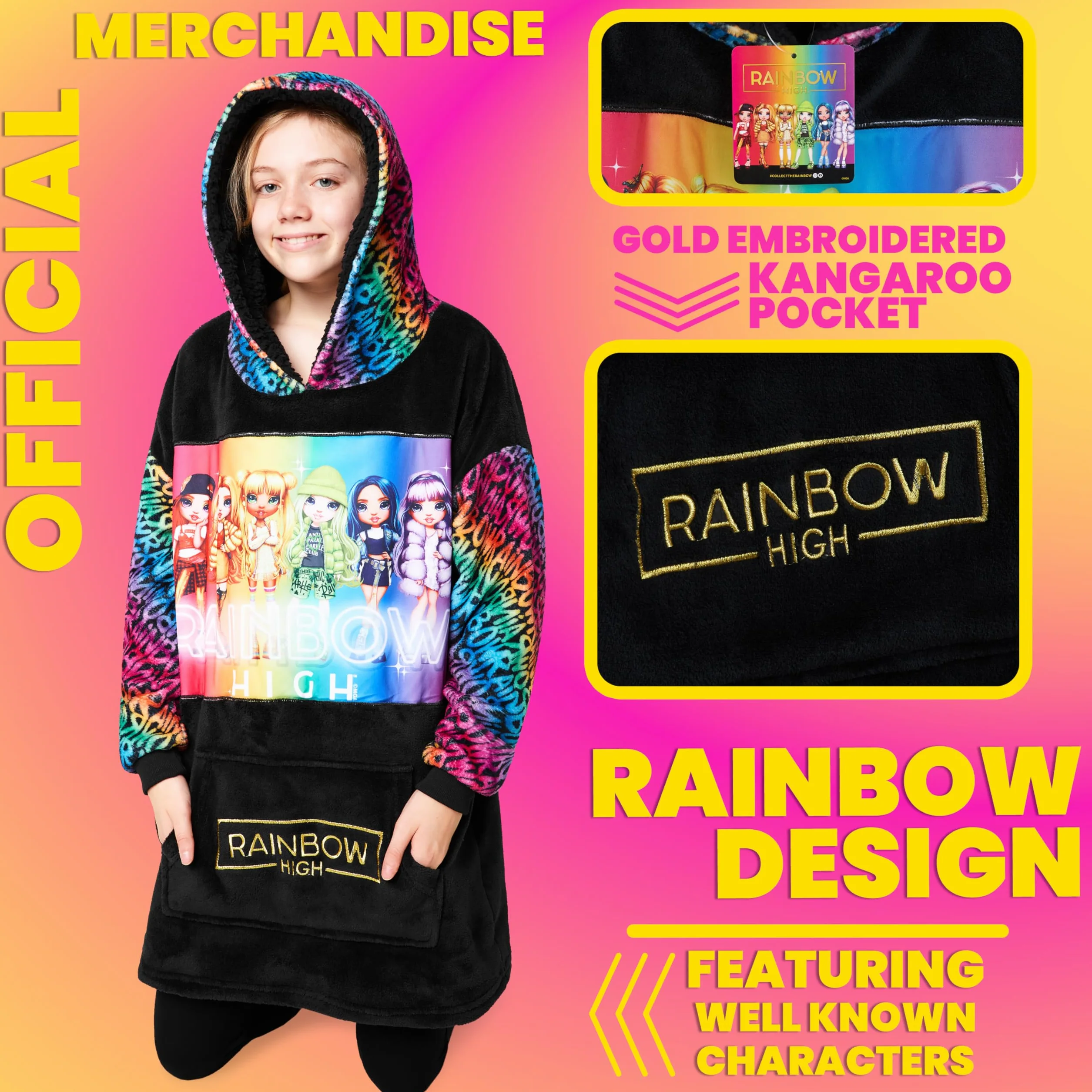 Rainbow High Fleece Hoodie Blanket dla dziewczynek Nastolatki Jeden rozmiar Dziecięca bluza z kapturem z podszewką Sherpa Prezenty dla dziewczynek