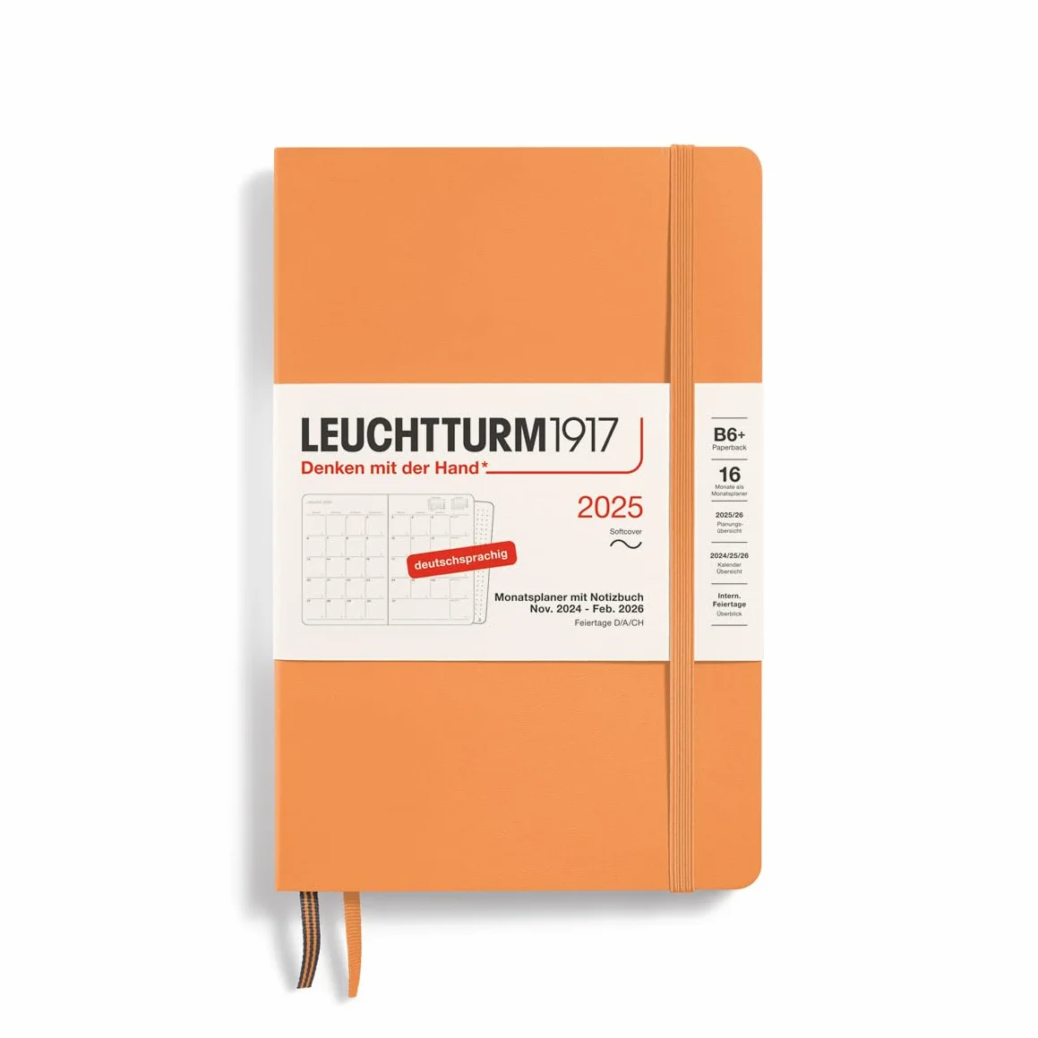 LEUCHTTURM1917 370610 planer miesięczny i notatnik 2025, miękka okładka B6+, 16 miesięcy, 80 g, w linie - morelowy