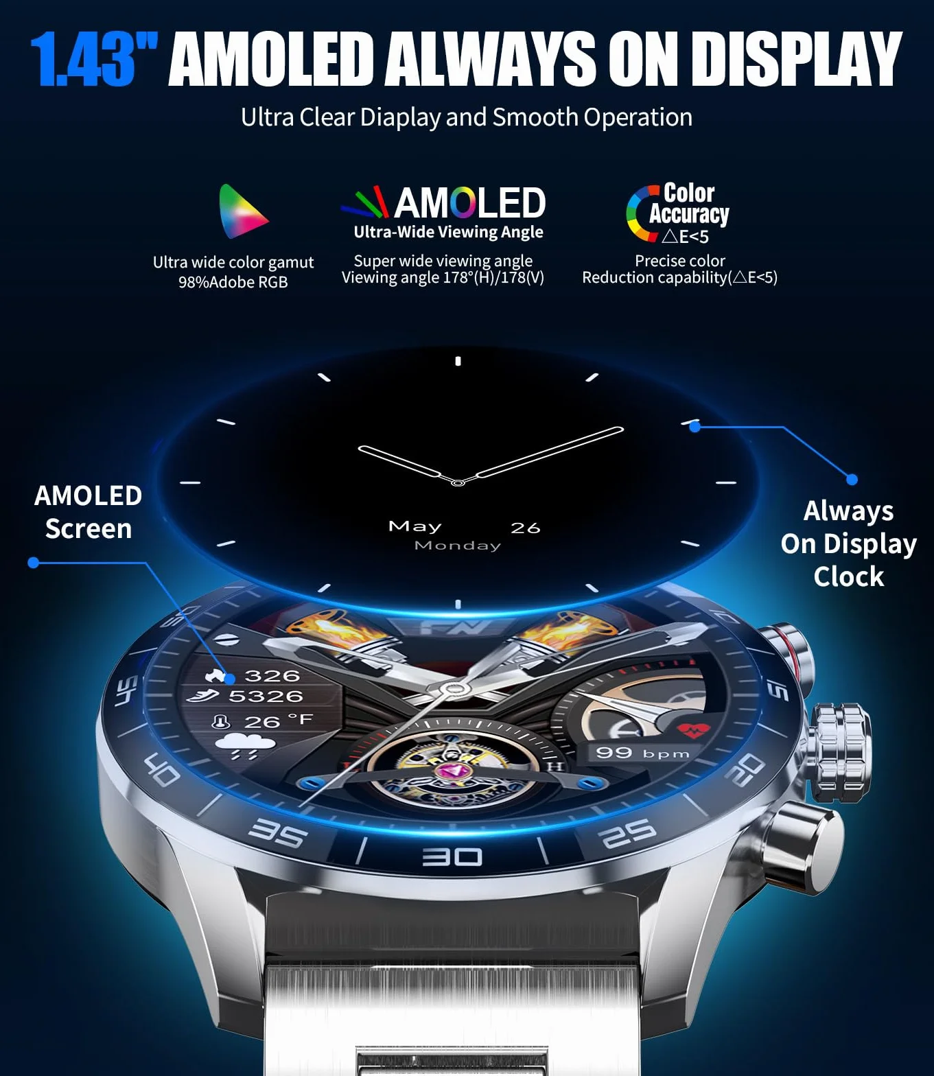 LIGE Smartwatch męski 1,43 cala z wyświetlaczem AMOLED, smartwatch z funkcją telefonu i wspomaganiem głosu, pulsometrem SpO2, 124 trybami sportowymi, zegarek fitness Smart Watch do systemu Android iOS
