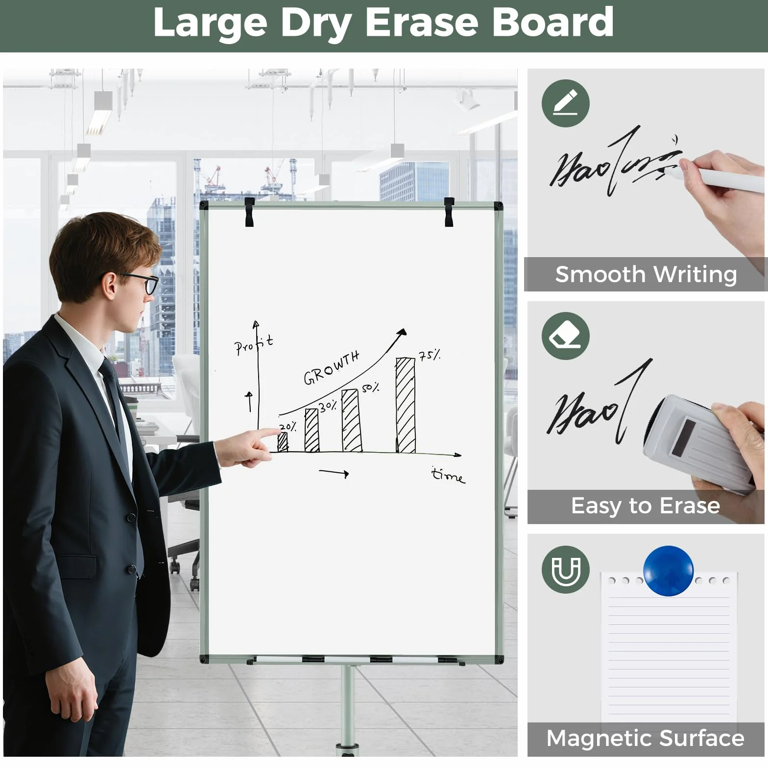 GIANTEX Stojak na flipchart 100 x 65 cm, mobilna tablica suchościeralna z nóżką na rolki, z regulacją wysokości i magnetyczną tablicą suchościeralną z półką na długopisy, zmywalna na sucho (zielony)