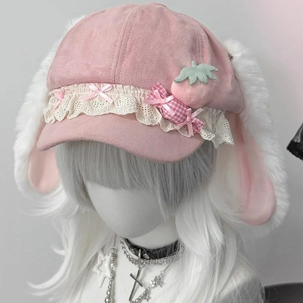 Uroczy królik ucho beret kapelusz kobiety zimowy beret gazeciarz czapka słodka czapka beanie malarz kapelusze kawaii francuski styl artysta czapka