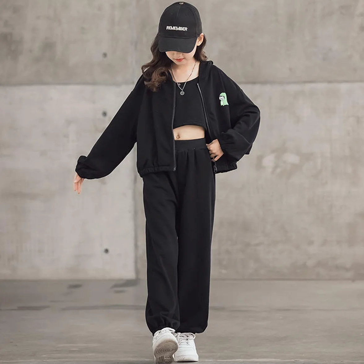linboo Dres do joggingu, 3-częściowy strój sportowy (bluza + spodnie sportowe + crop top), strój hip-hopowy dla dzieci i dziewczynek