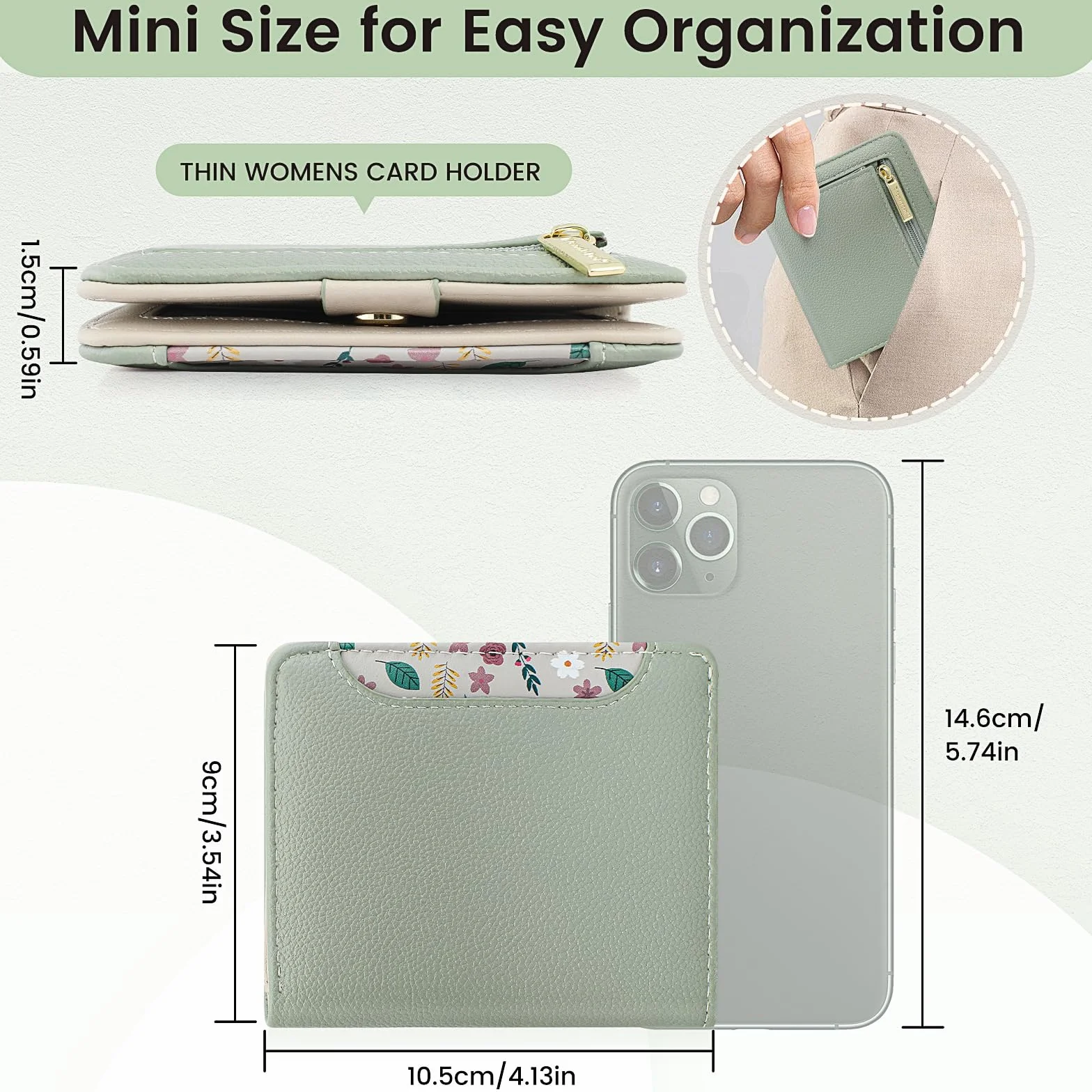 Pomelo Best Damski portfel mały z ochroną RFID, mini portfel z miękkiej skóry PU, stylowy design z nadrukiem, lekki i praktyczny na co dzień i w podróży, S, Minimalistyczny (Mintgrün)