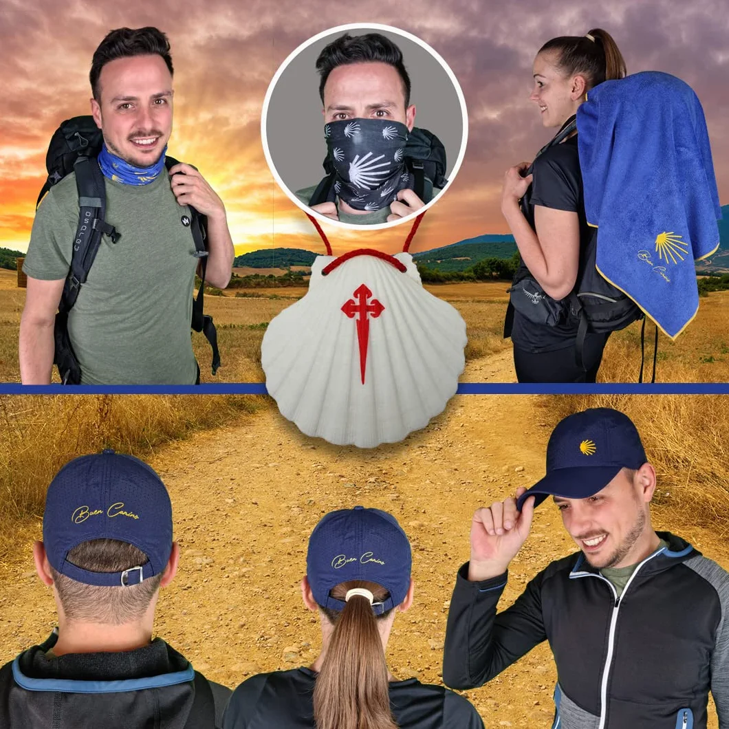 Buen Camino Zestaw startowy do pielgrzymek na drogę przegrzebkową | Podstawowe wyposażenie składające się z muszli przegrzebka, czapki, 2 szalików, ręcznika podróżnego, zatyczek do uszu,